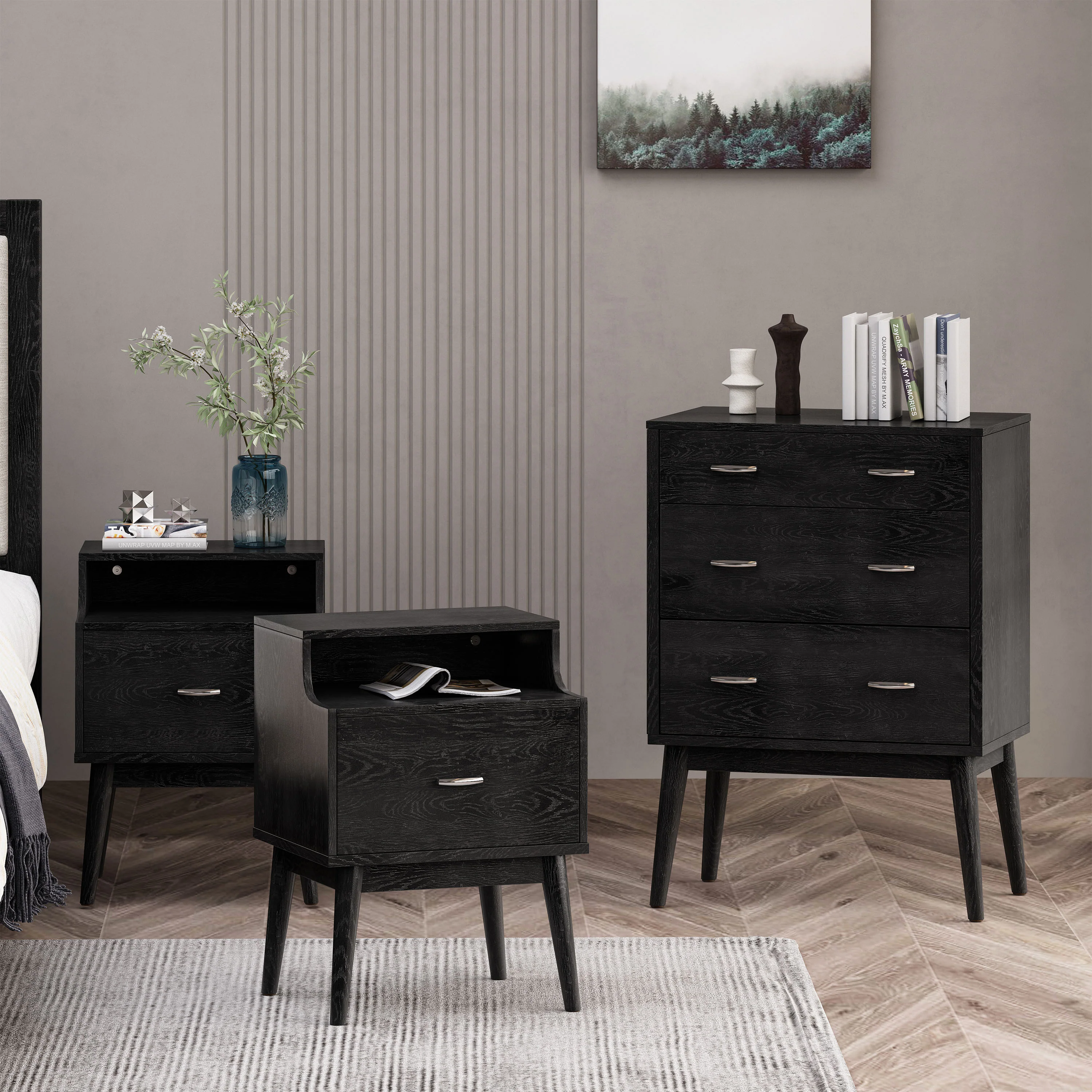 Wilbur Mid Century Wooden 3 Piece 3 Drawer Dresser and Nightstand Bedroom Set - furnishings