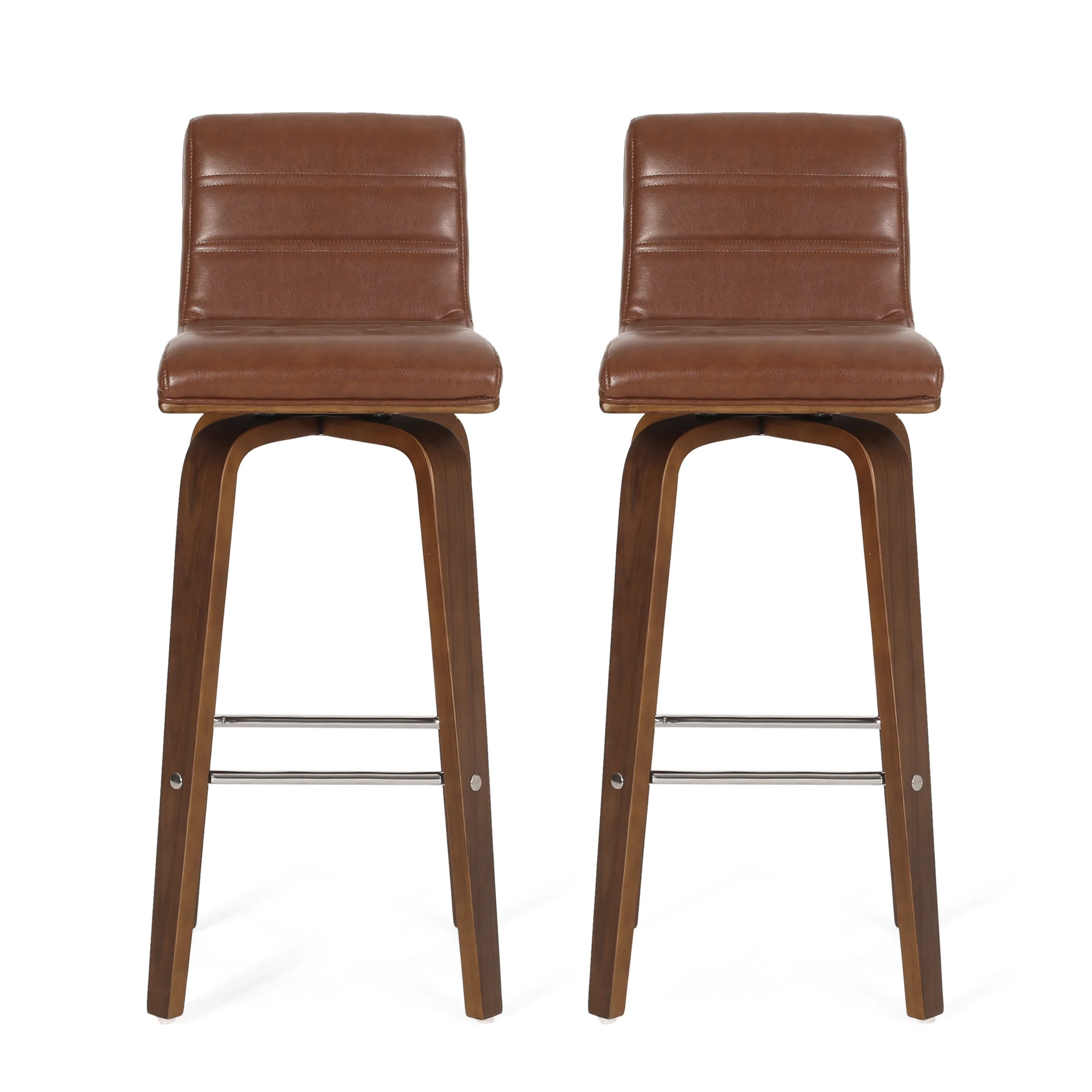 Mendon Mid Century Modern Channel Stitch Bentwood Swivel Barstools, Set of 2 - furnishings