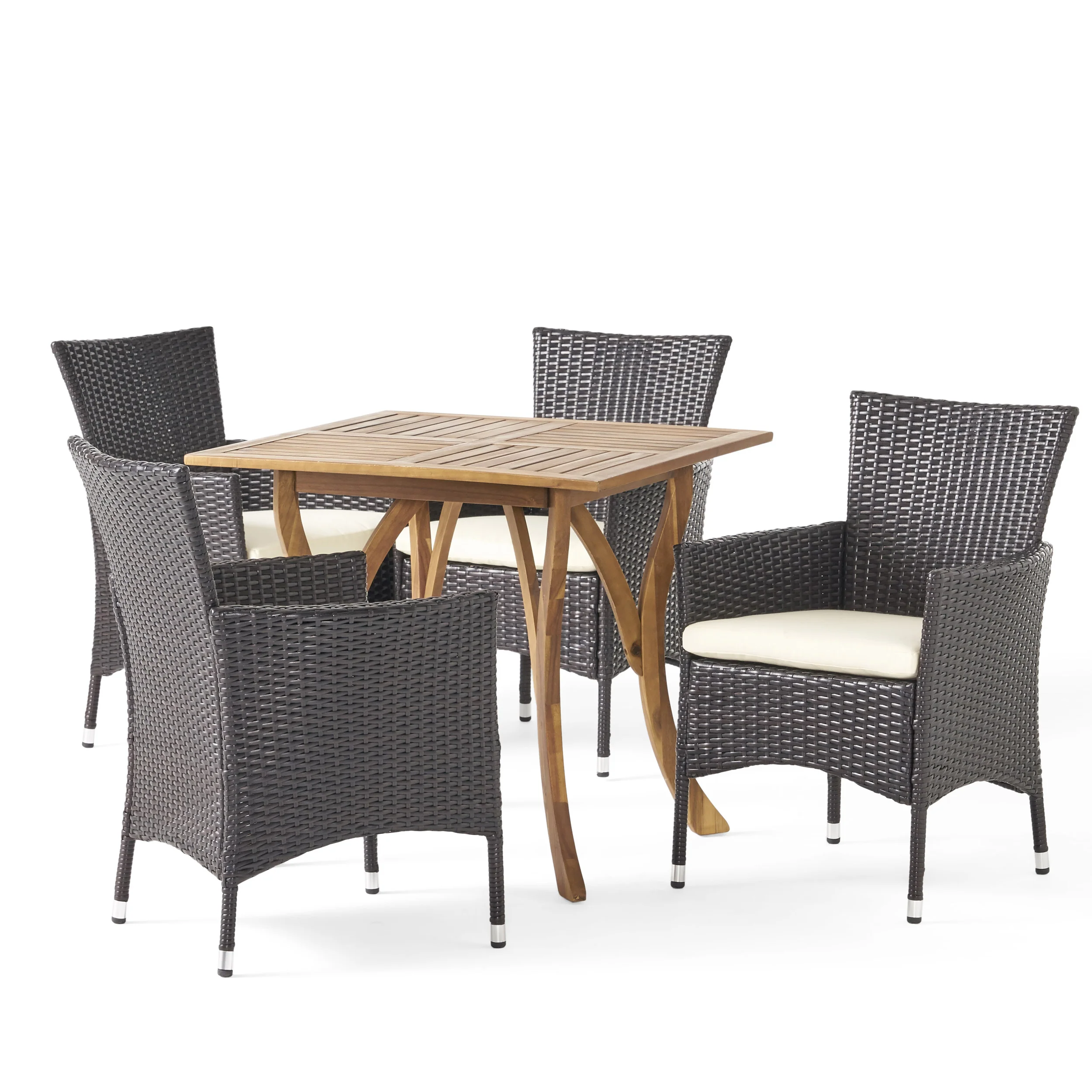 James Outdoor 5 Piece Acacia Wood/ Wicker Dining Set with Cushions, Teak Finish and Multibrown with Beige - furnishings