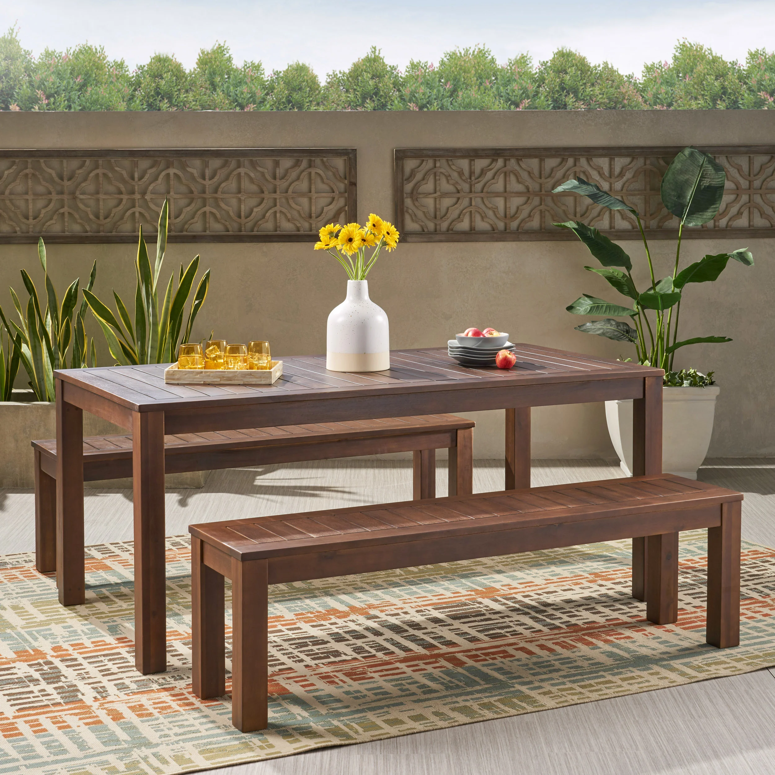 Marin Rustic Outdoor Slat Dark Brown Acacia Wood Picnic Set - furnishings