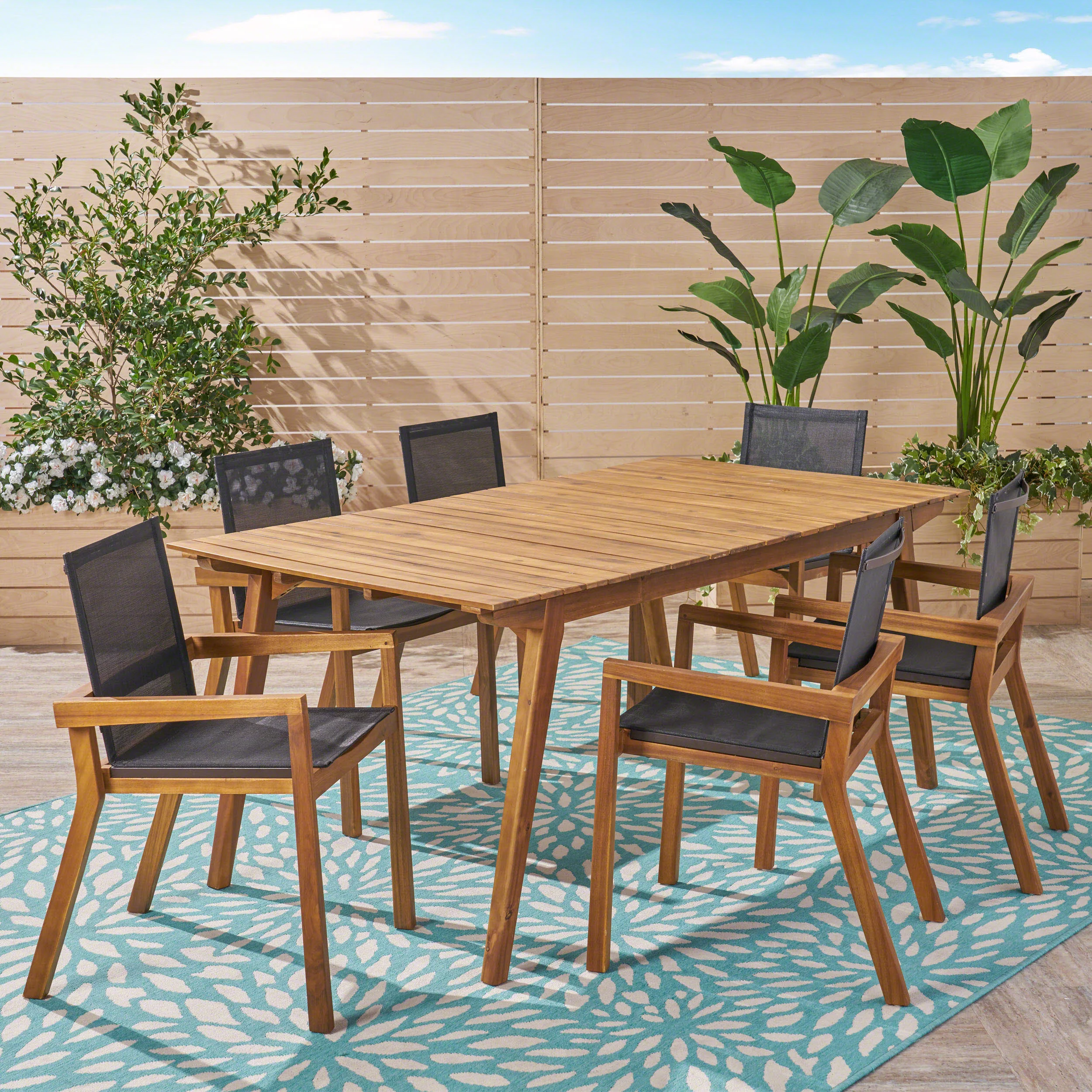 Janely Outdoor Acacia Wood 7 Piece Dining Set with Mesh Seats - furnishings