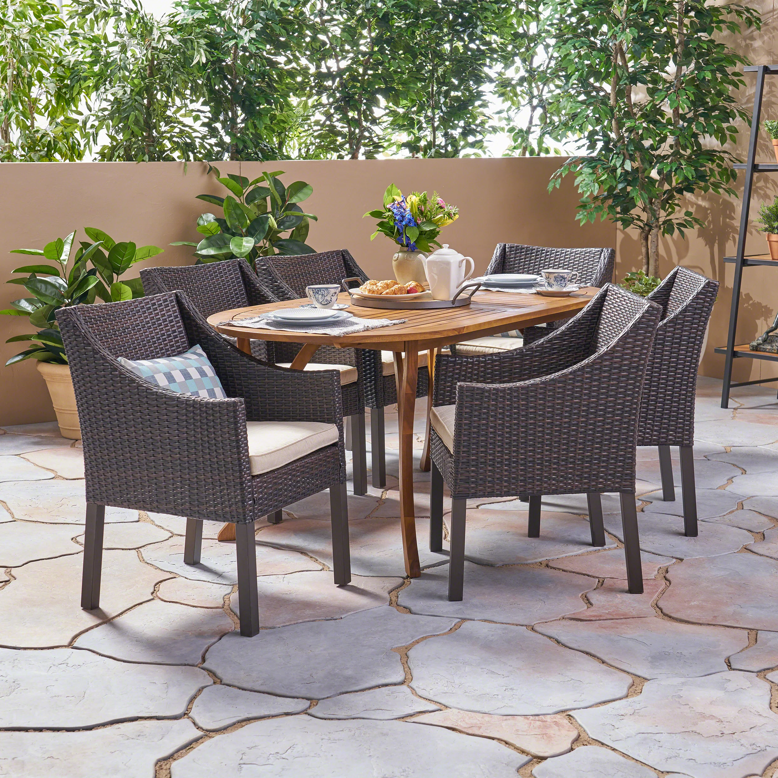 Joan Outdoor 7 Piece Acacia Wood and Wicker Dining Set, Teak with Multi Brown Chairs - furnishings
