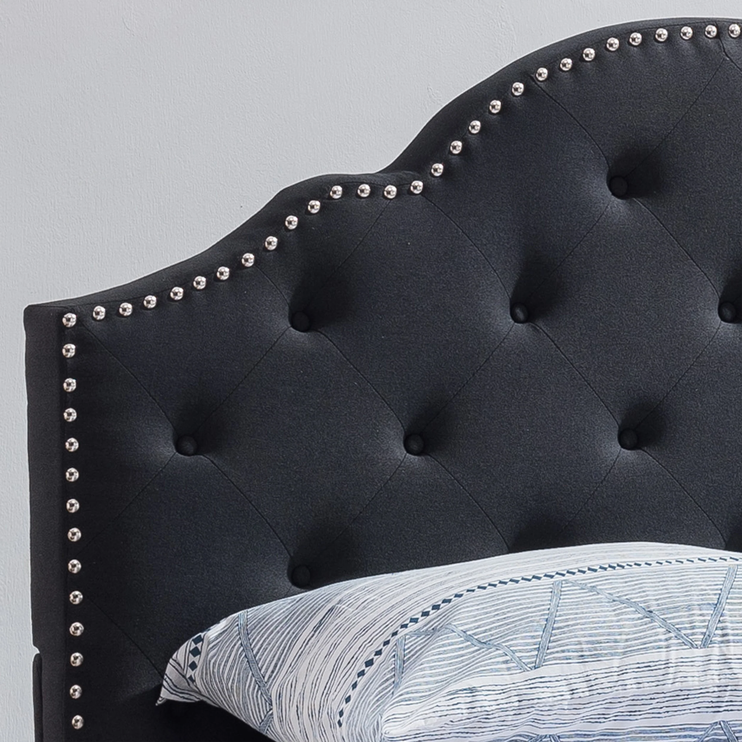 Gentry Contemporary Button-Tufted Camelback Queen Bed Frame with Nailhead Trim - furnishings