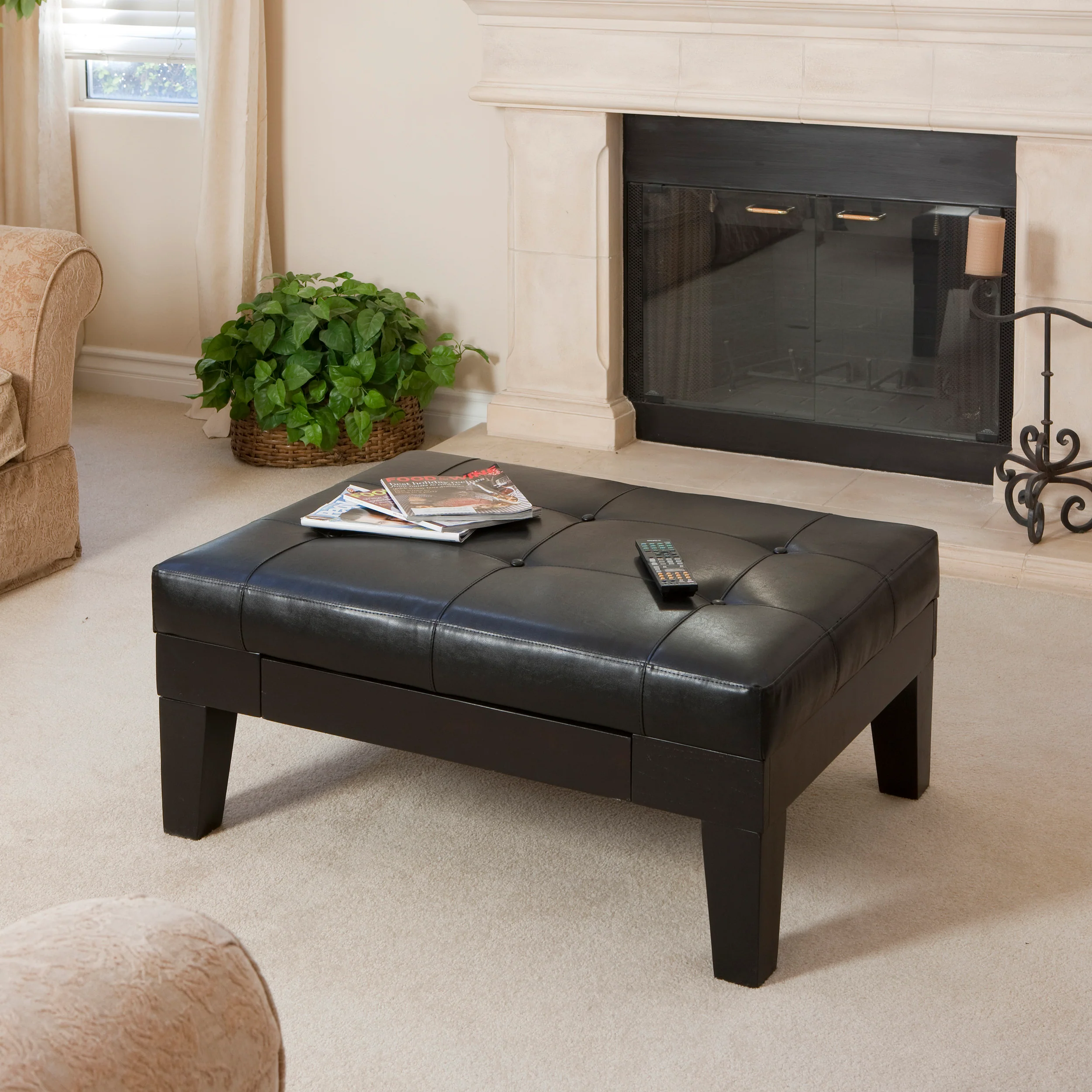 Tucson Contemporary Tufted Leather Storage Ottoman Table with Drawer - furnishings