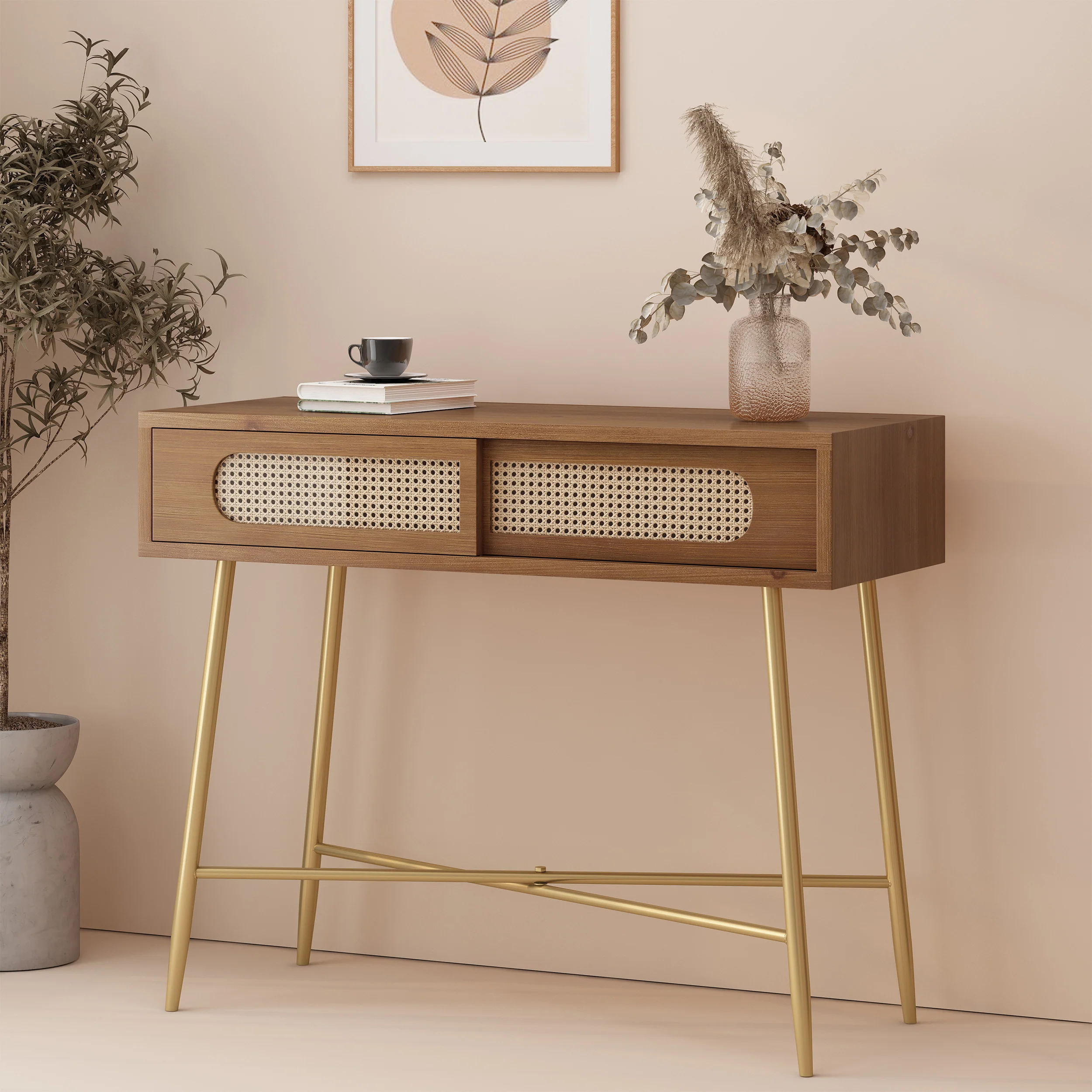 Alzada Rustic Glam Console Table with Wicker Accents, Walnut, Natural, and Antique Gold - furnishings