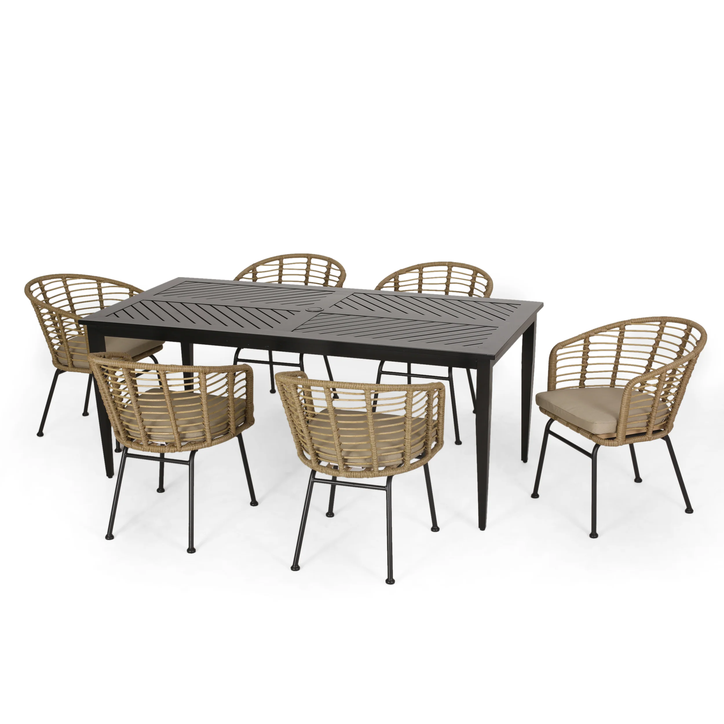 Monture Outdoor Wicker 7 Piece Dining Set, Light Brown, Black, and Beige - furnishings