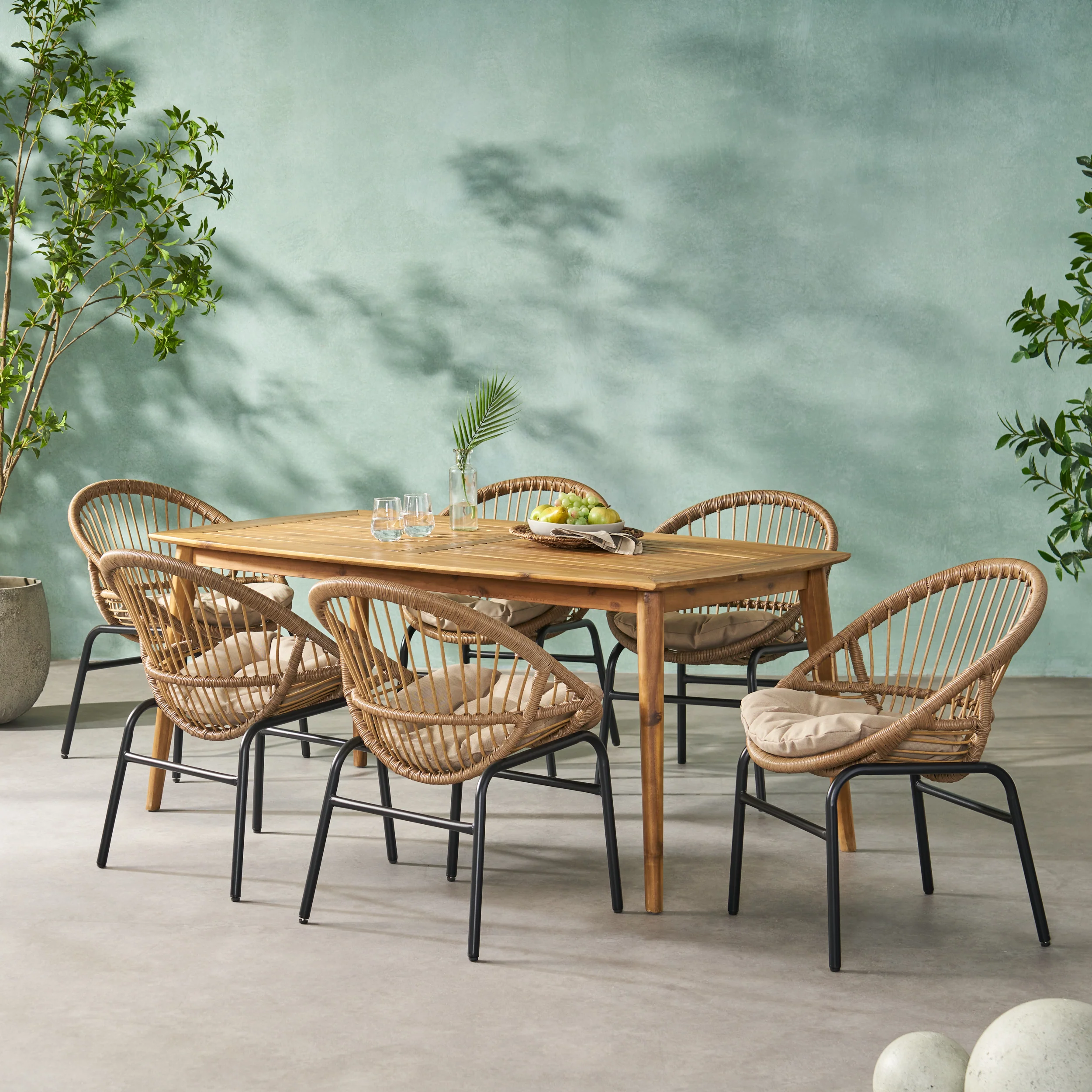 Waldron Outdoor Wicker and Acacia Wood 7 Piece Dining Set with Cushion, Light Brown, Beige, and Teak - furnishings