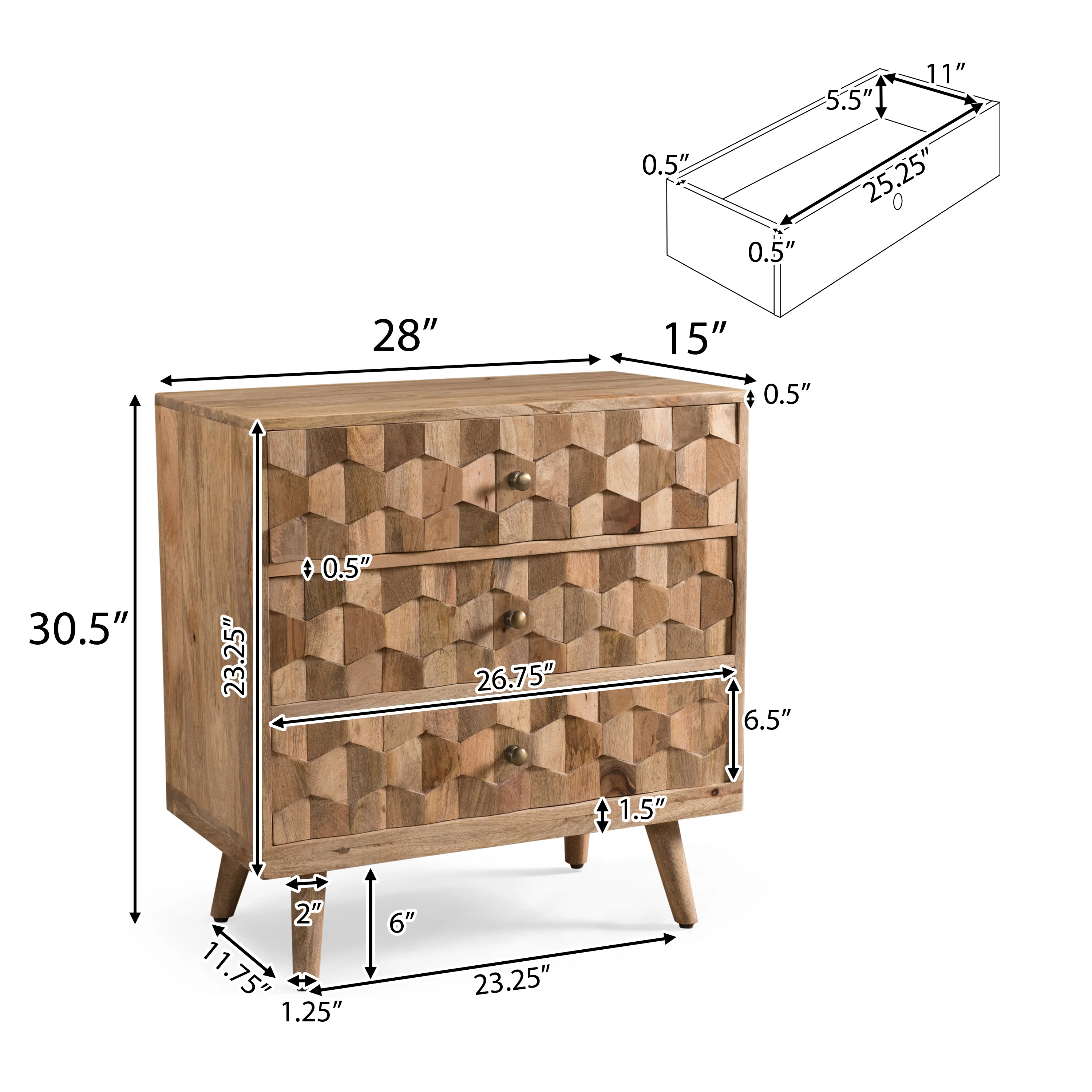 Poppy Mid-Century Modern Mango Wood 3 Drawer Chest - furnishings