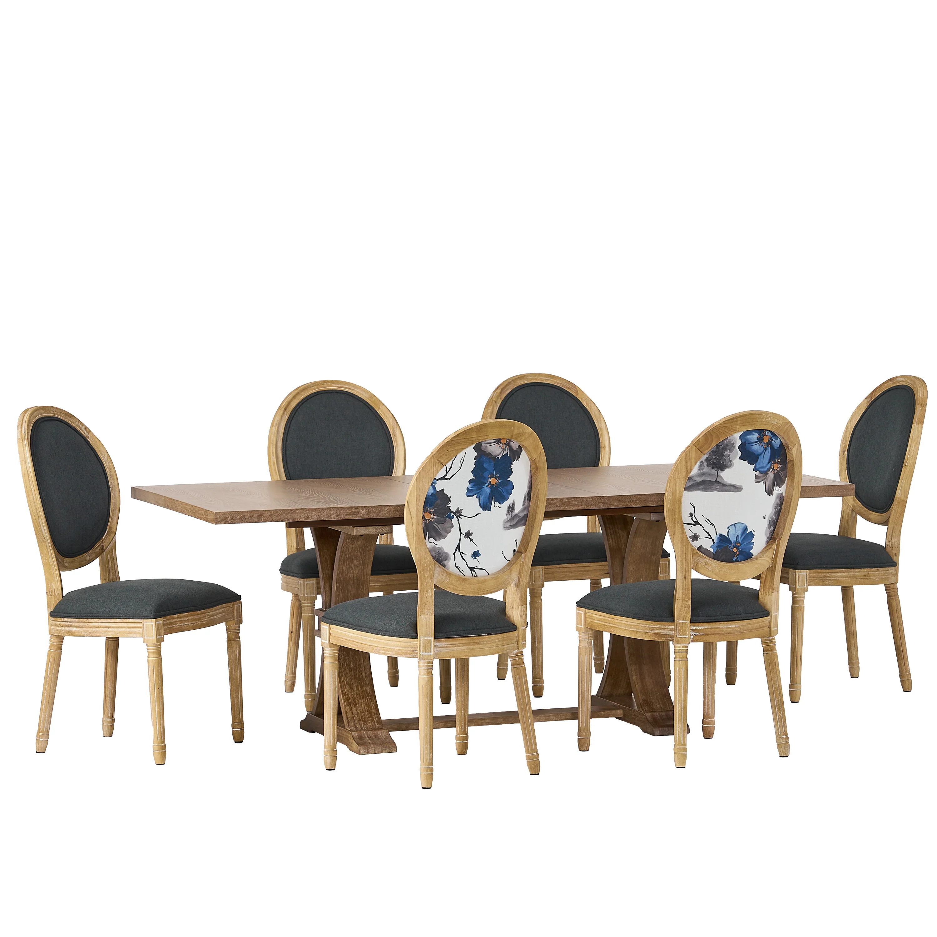 Dason French Country Fabric Upholstered Wood 7 Piece Dining Set - furnishings