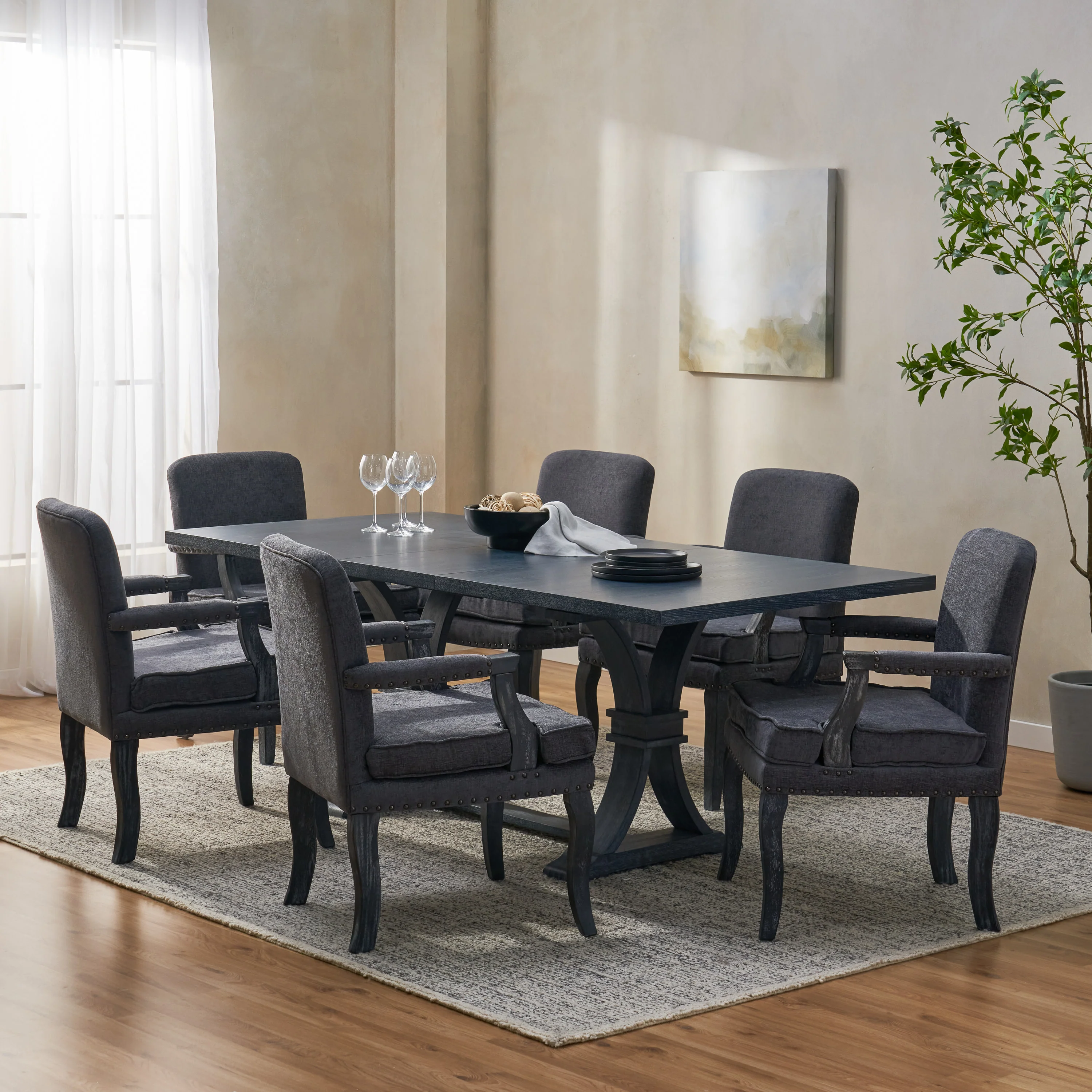 Combes French Country Fabric Upholstered Wood and Cane 7 Piece Expandable Dining Set - furnishings