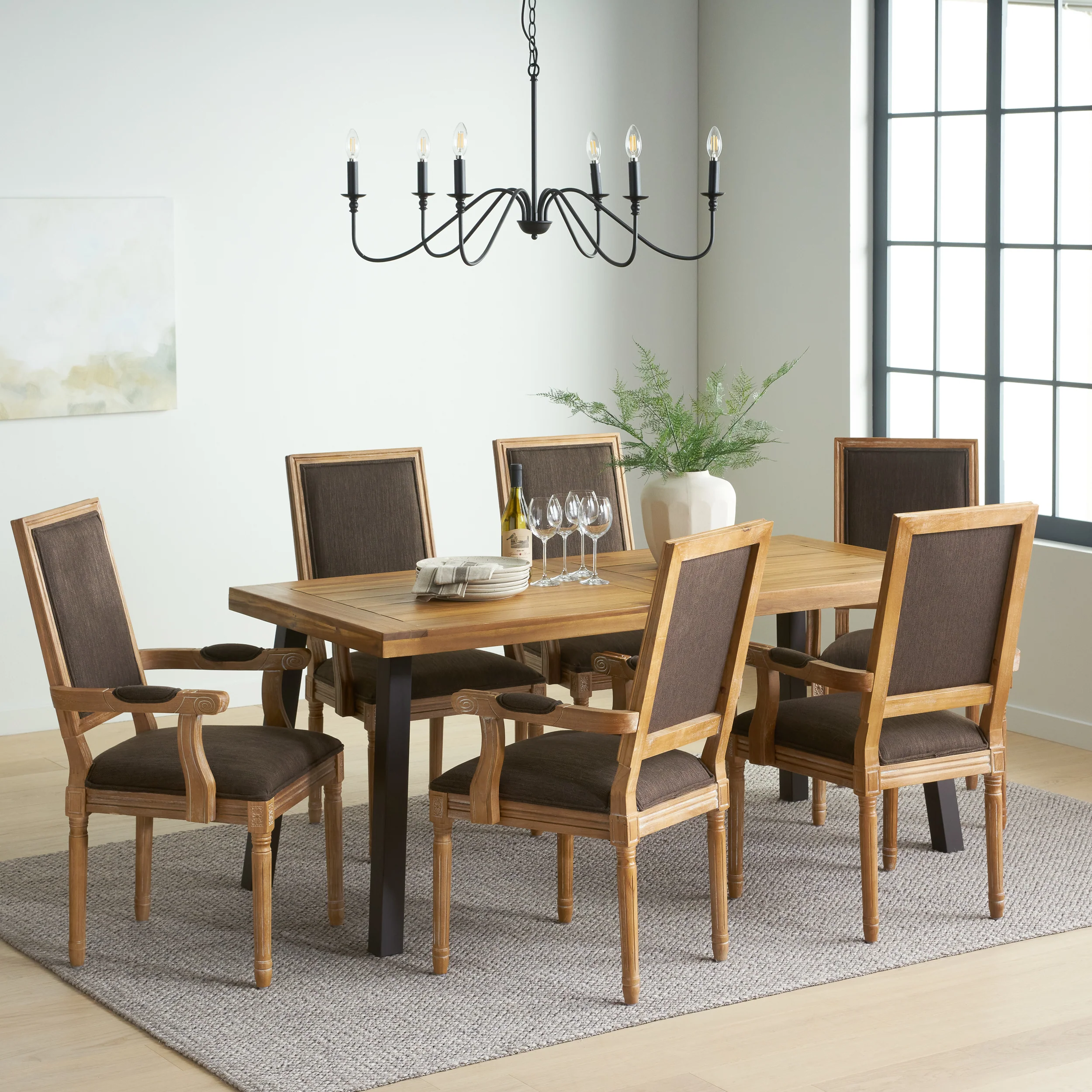 Coniston Farmhouse Fabric Upholstered Wood and Iron 7 Piece Dining Set - furnishings