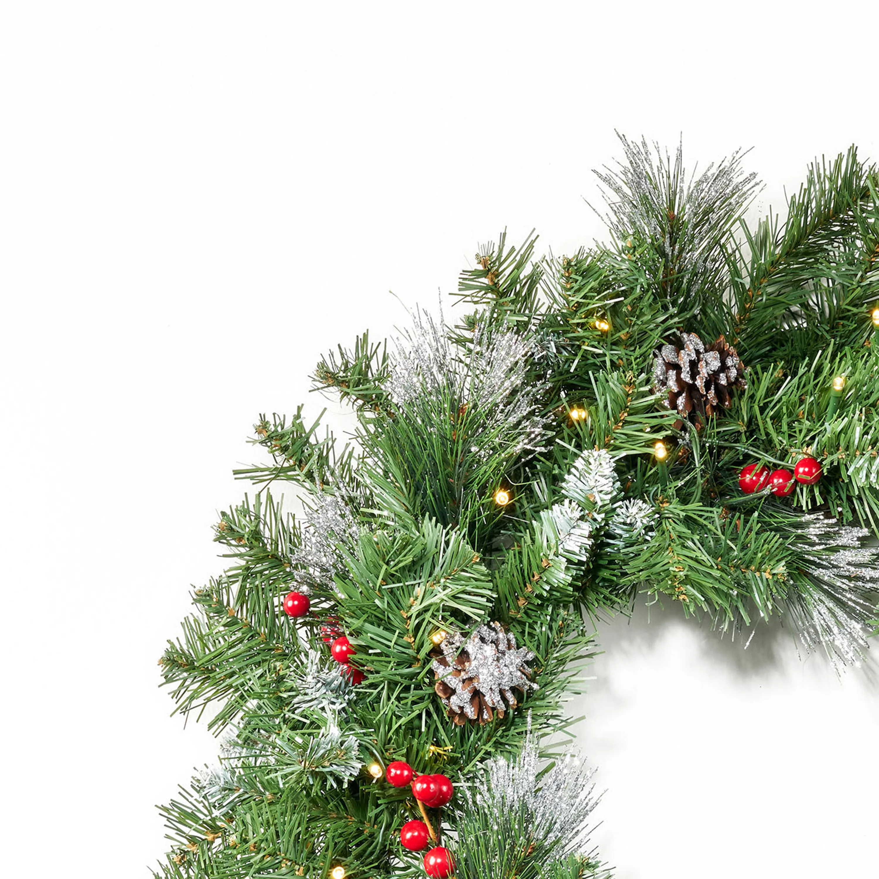 Chrisan 24''Glitter Bristle Mixed Wreath with with 9 Red Berry and 9 Pine - furnishings