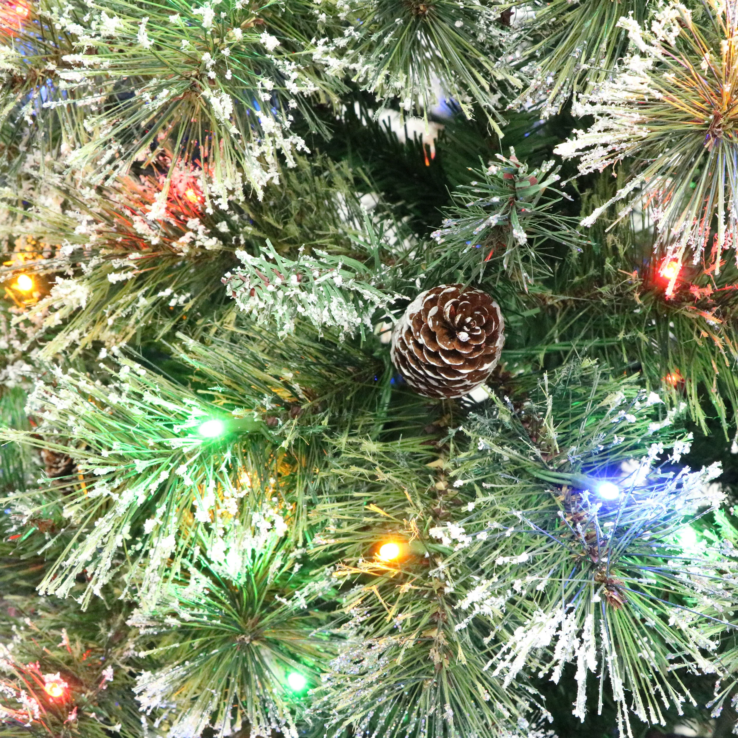 7.5-foot Cashmere Pine and Mixed Needles Pre-Lit Clear LED Hinged Artificial Christmas Tree with Snow and Glitter Branches and Frosted Pinecones - furnishings