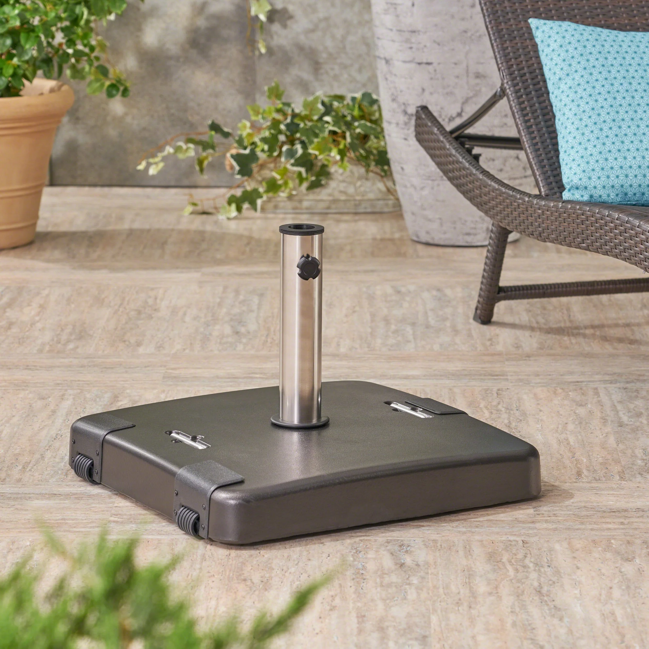 Larissa Outdoor 119lb Concrete Square Umbrella Base with Stainless Steel Collar - furnishings
