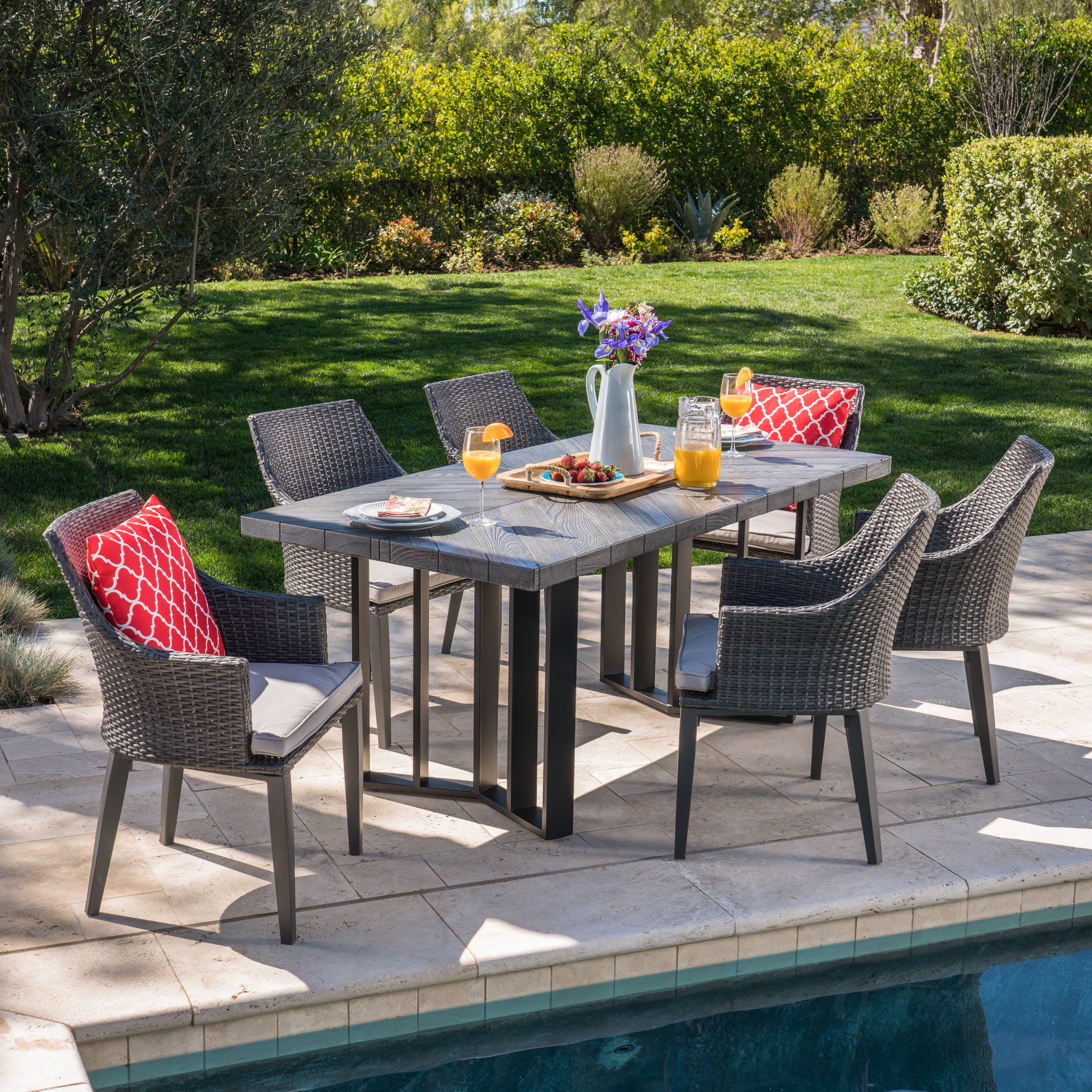 Valby Outdoor 7 Piece Wicker Dining Set with Concrete Dining Table - furnishings