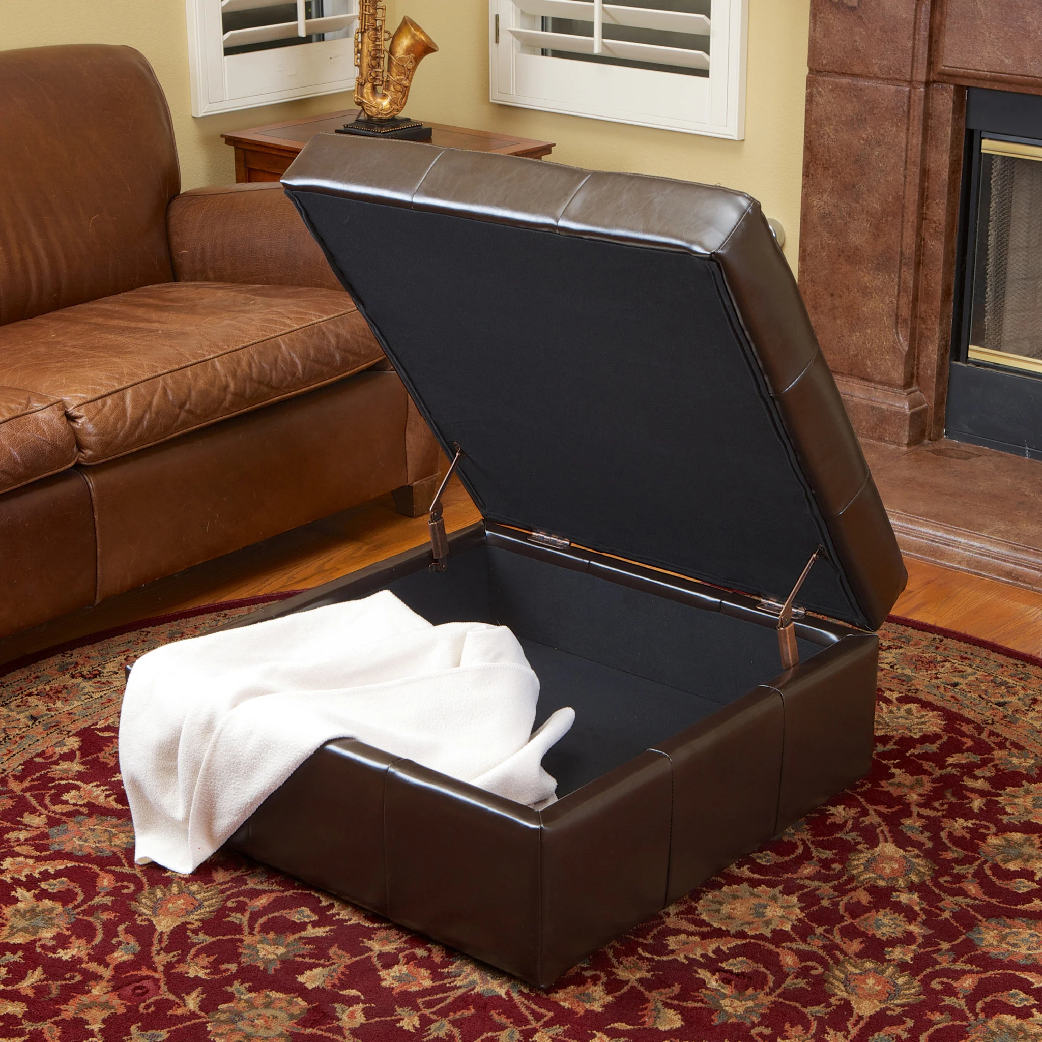 Westridge Brown Leather Storage Ottoman - furnishings