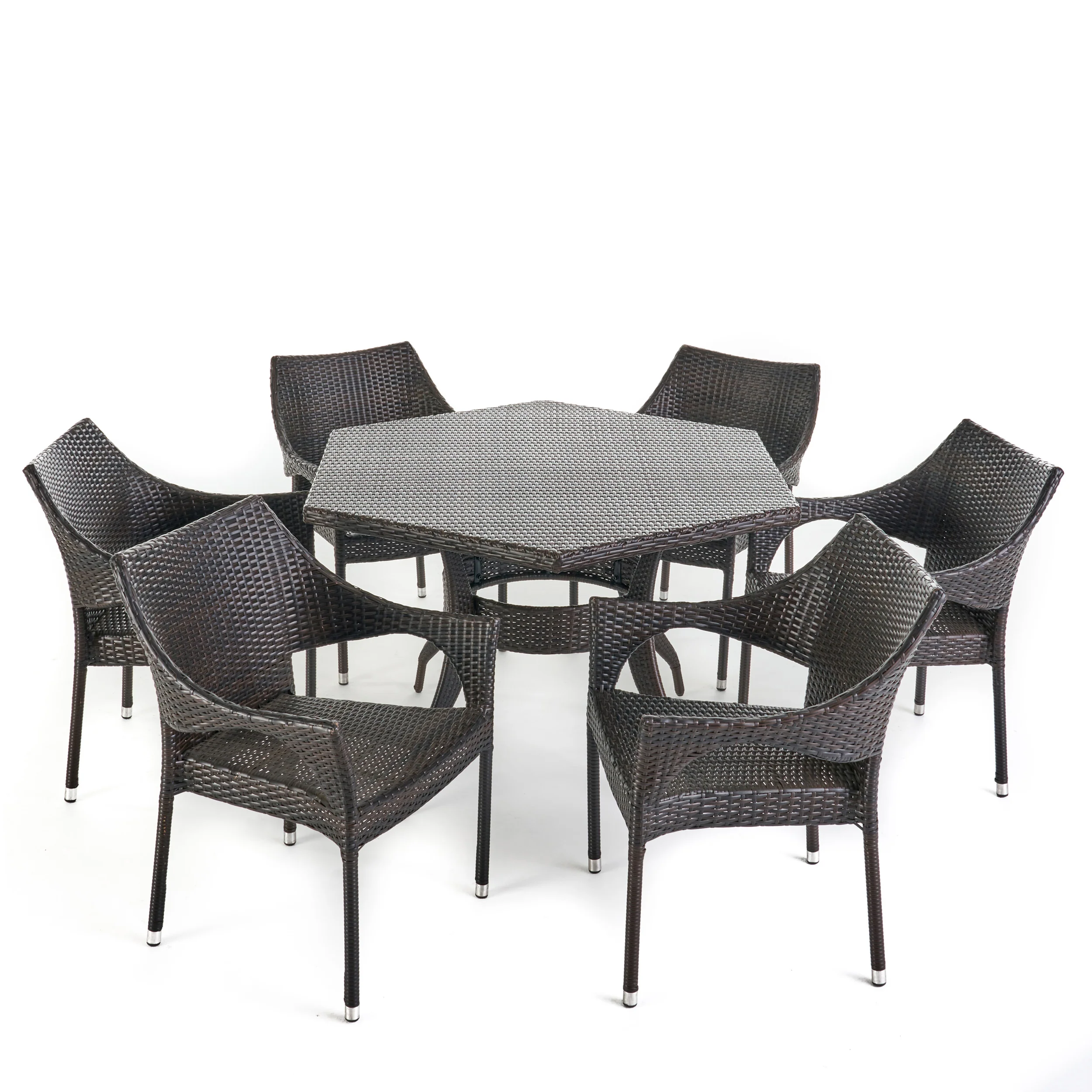 Rosy Outdoor 7 Piece Wicker Hexagon Dining Set with Stacking Chairs - furnishings