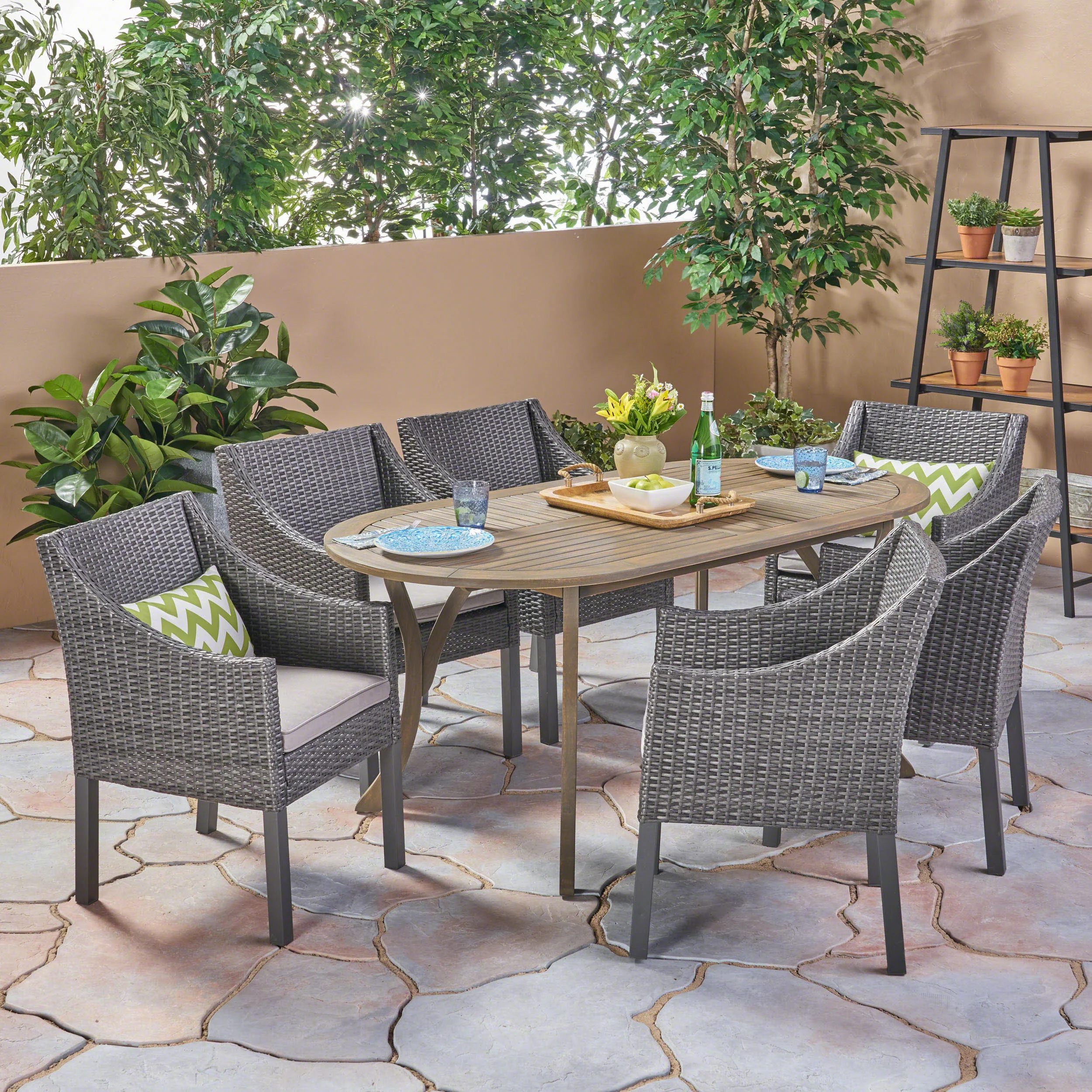 Pettit Outdoor 7 Piece Wood and Wicker Dining Set, Gray Finish and Gray - furnishings