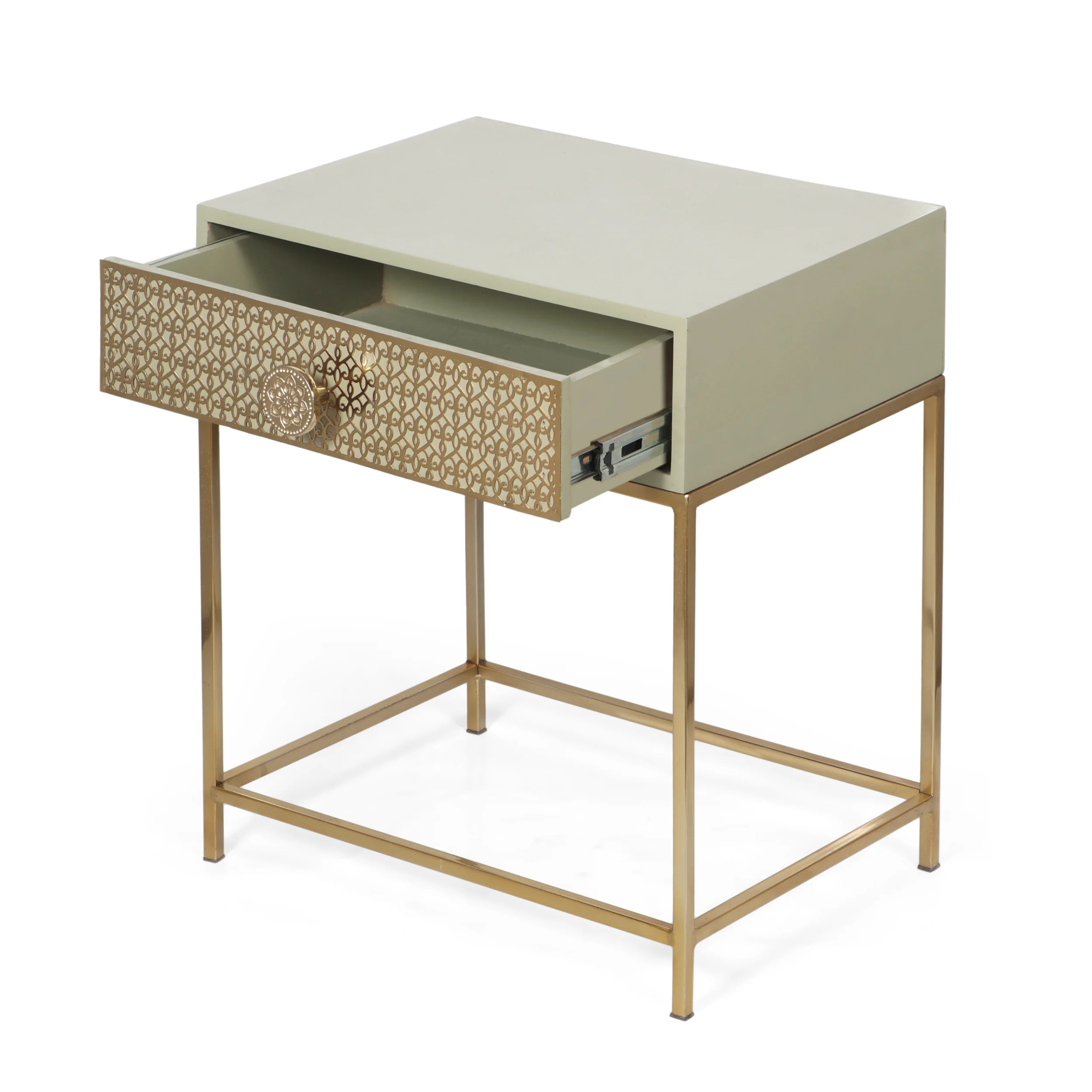 Trautman Modern Glam Handcrafted Scroll Mesh Nightstand, Light Gray and Gold - furnishings