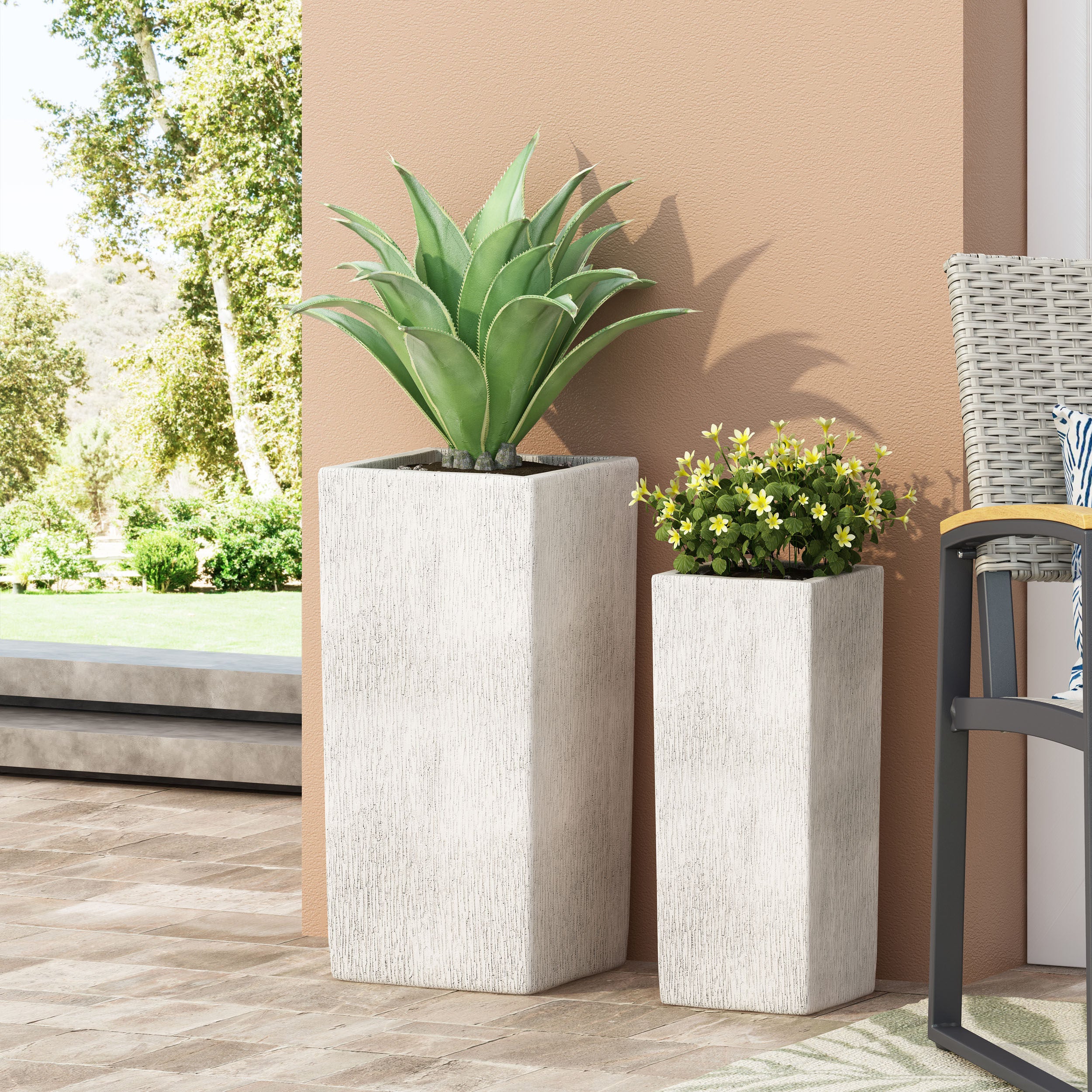Severino Outdoor Small and Medium Cast Stone Planter Set, Antique White - furnishings