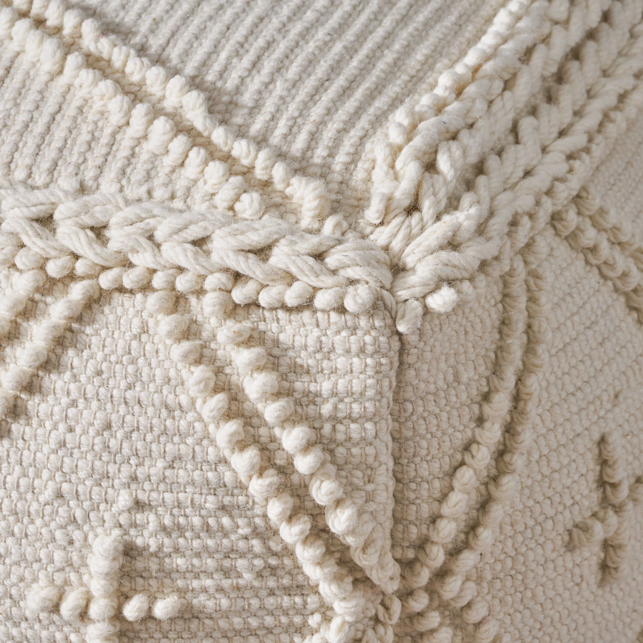 Nina Large Square Casual Pouf, Boho, White Wool and Cotton - furnishings
