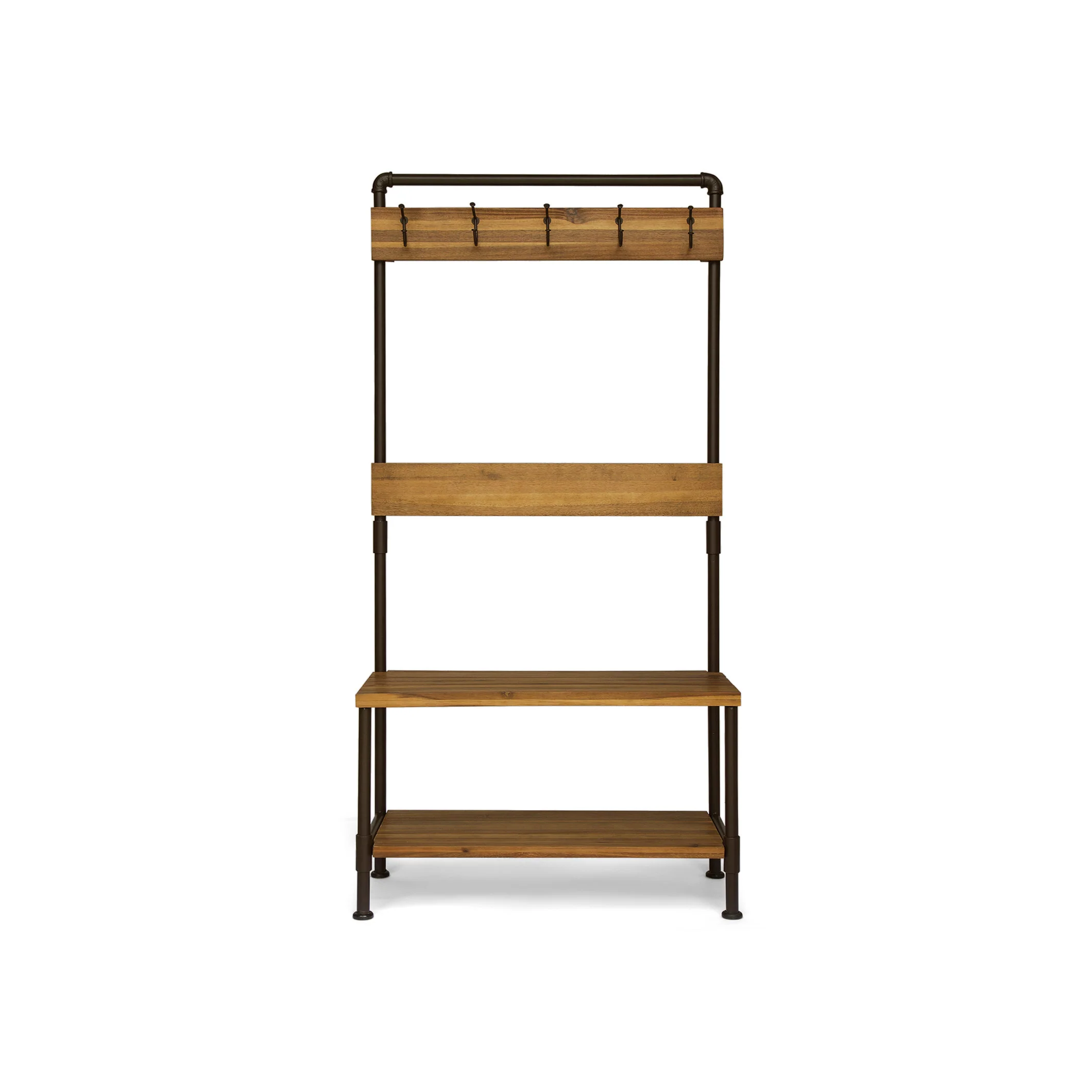 Dahl Outdoor Industrial Acacia and Iron Bench with Shelf and Coat Hooks - furnishings