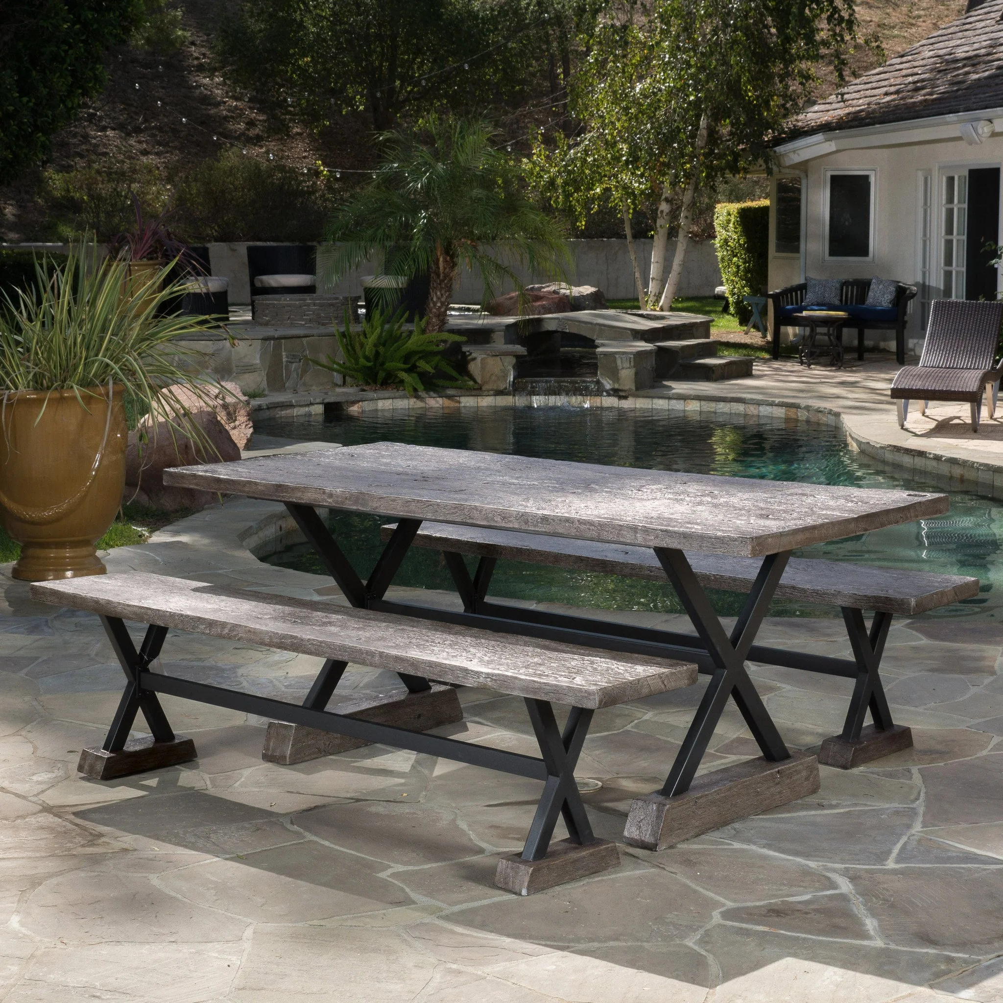 Colby Outdoor 3 Piece Lightweight Concrete Dining Set with Benches - furnishings