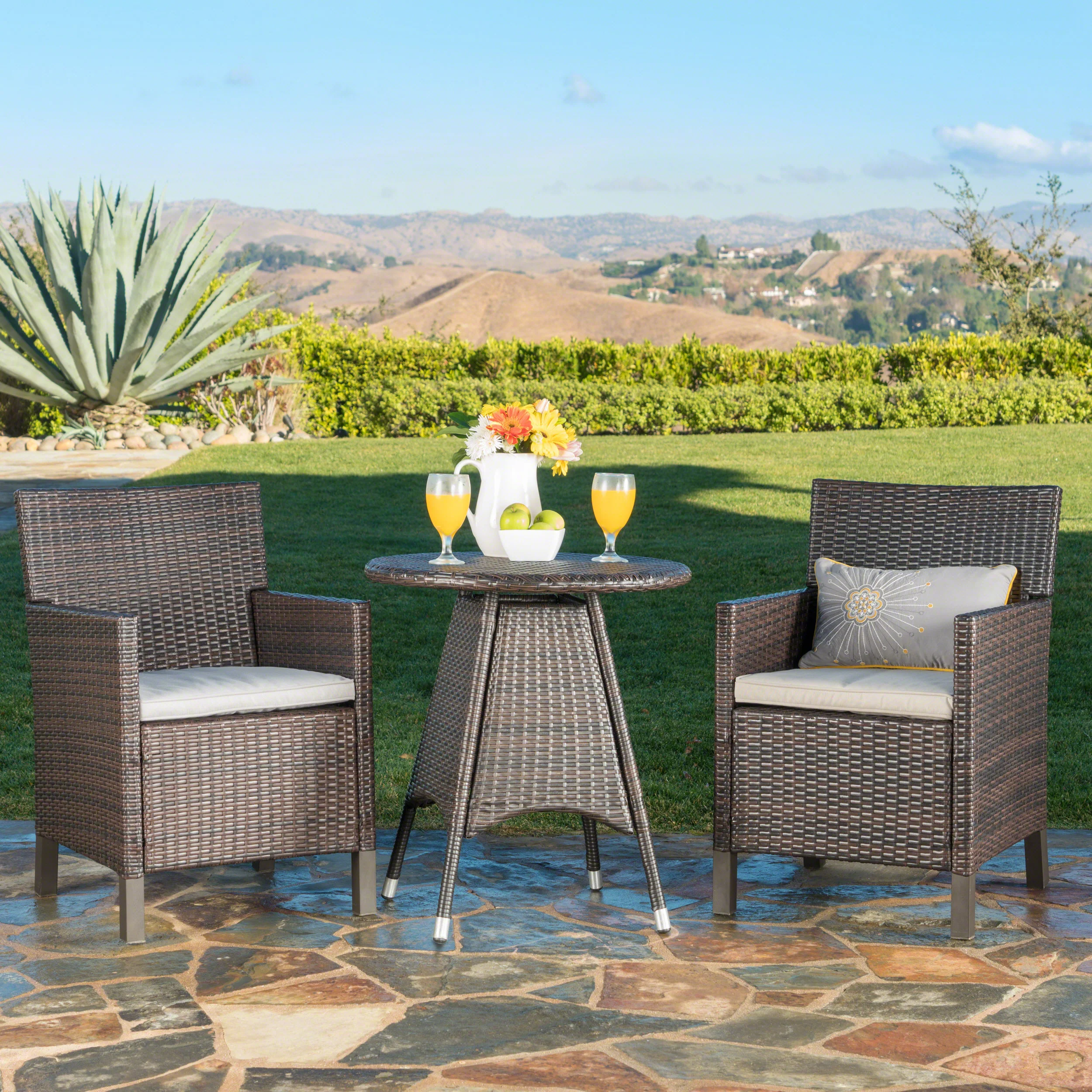 Shiny Outdoor 3 Piece Multibrown Wicker Round Dining Set with Light Brown Water Resistant Cushions - furnishings