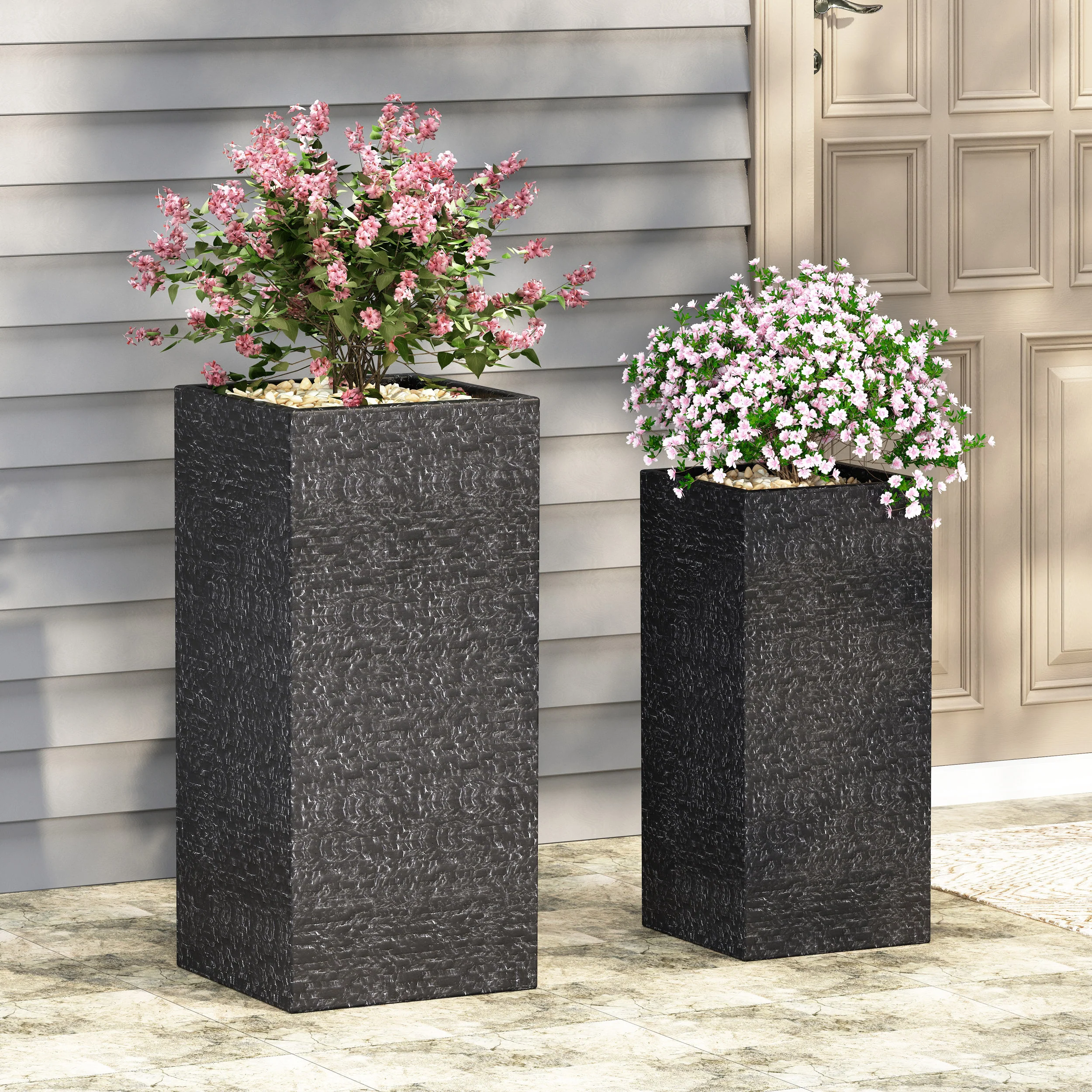 Leiman Outdoor Large and Medium Cast Stone Planters, Set of 2, Gray - furnishings