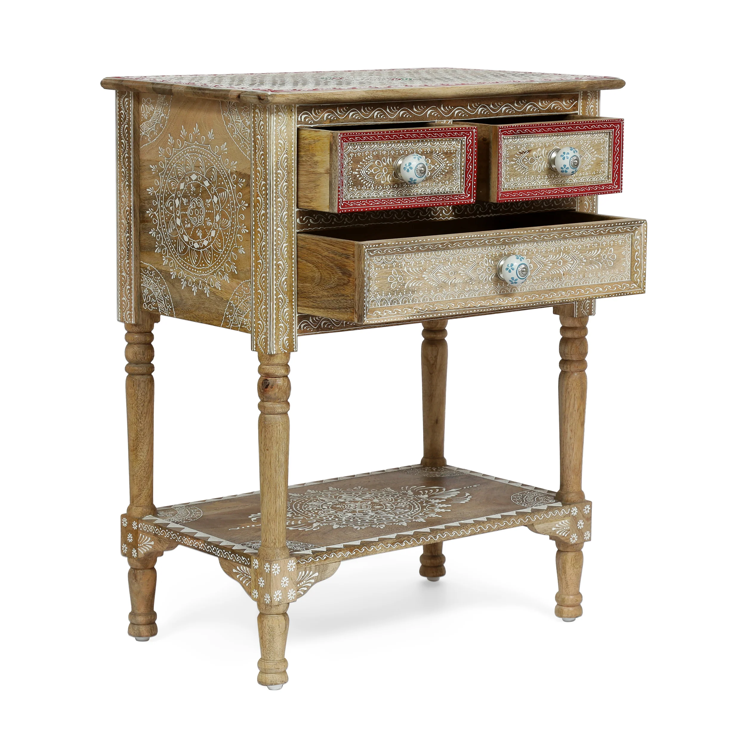 Leverick Handcrafted Boho 3 Drawer Mango Wood End Table - furnishings