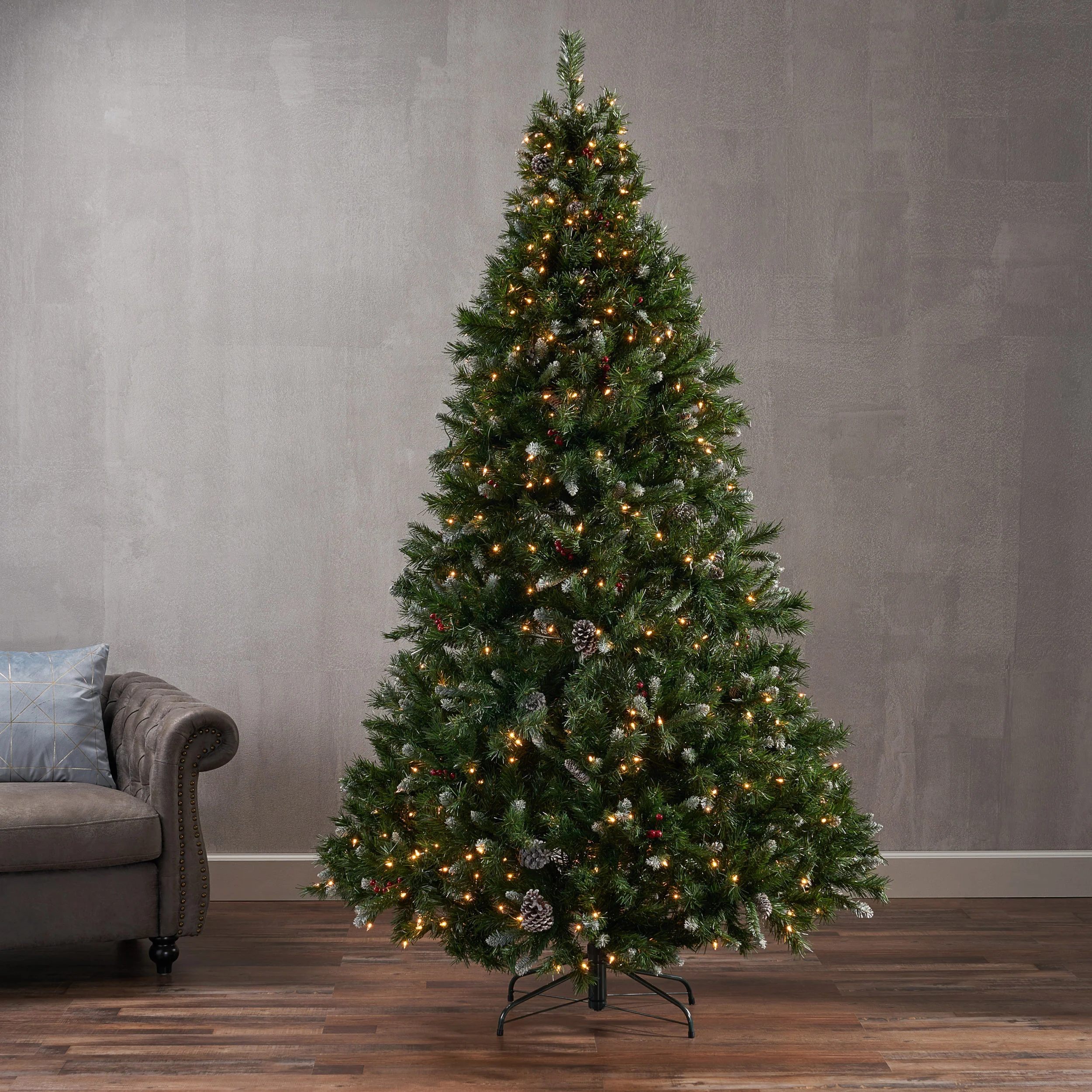 7.5-foot Mixed Spruce Hinged Artificial Christmas Tree with Frosted Branches, Red Berries, and Frosted Pinecones - furnishings