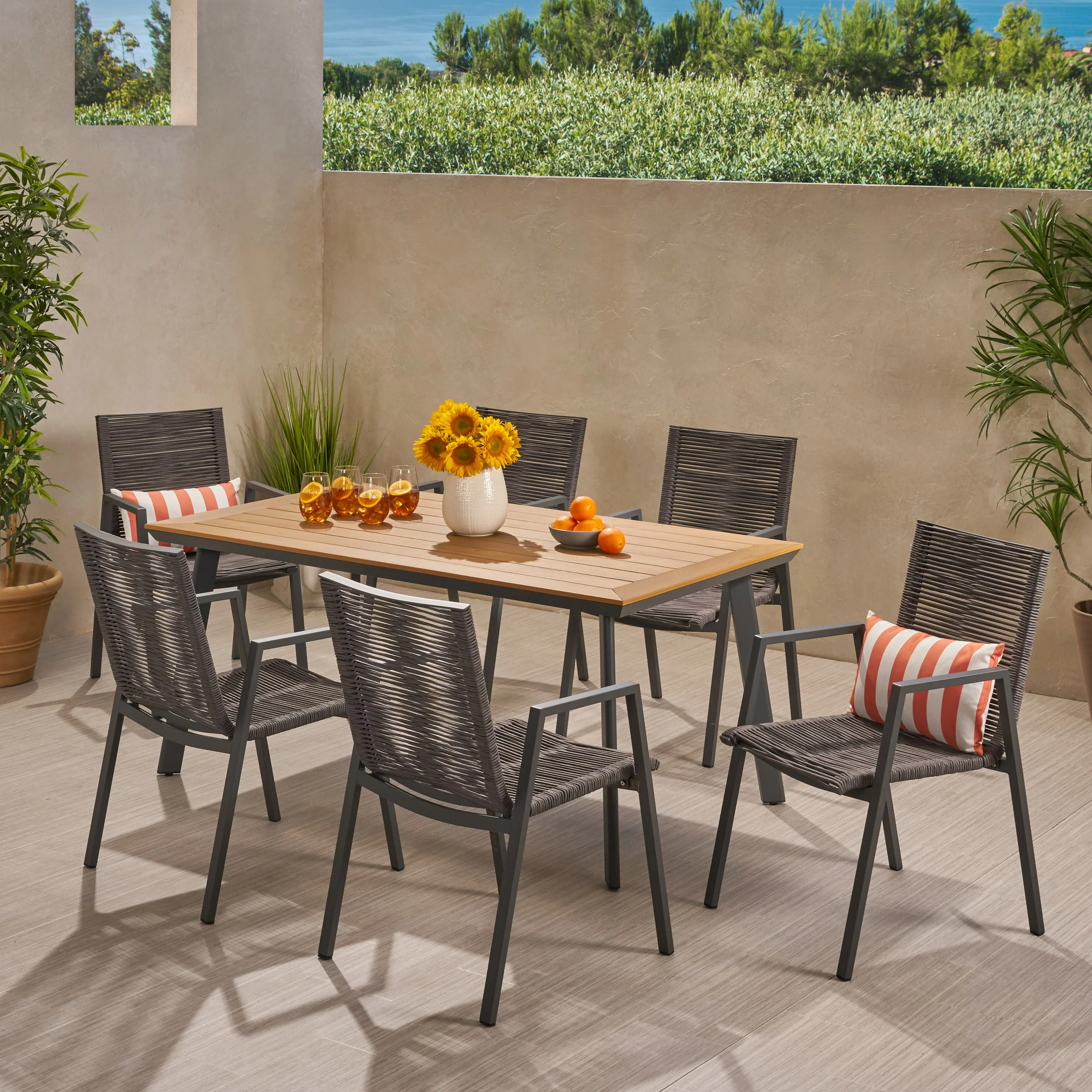 Asir Outdoor Modern 6 Seater Aluminum Dining Set with Faux Wood Table Top - furnishings