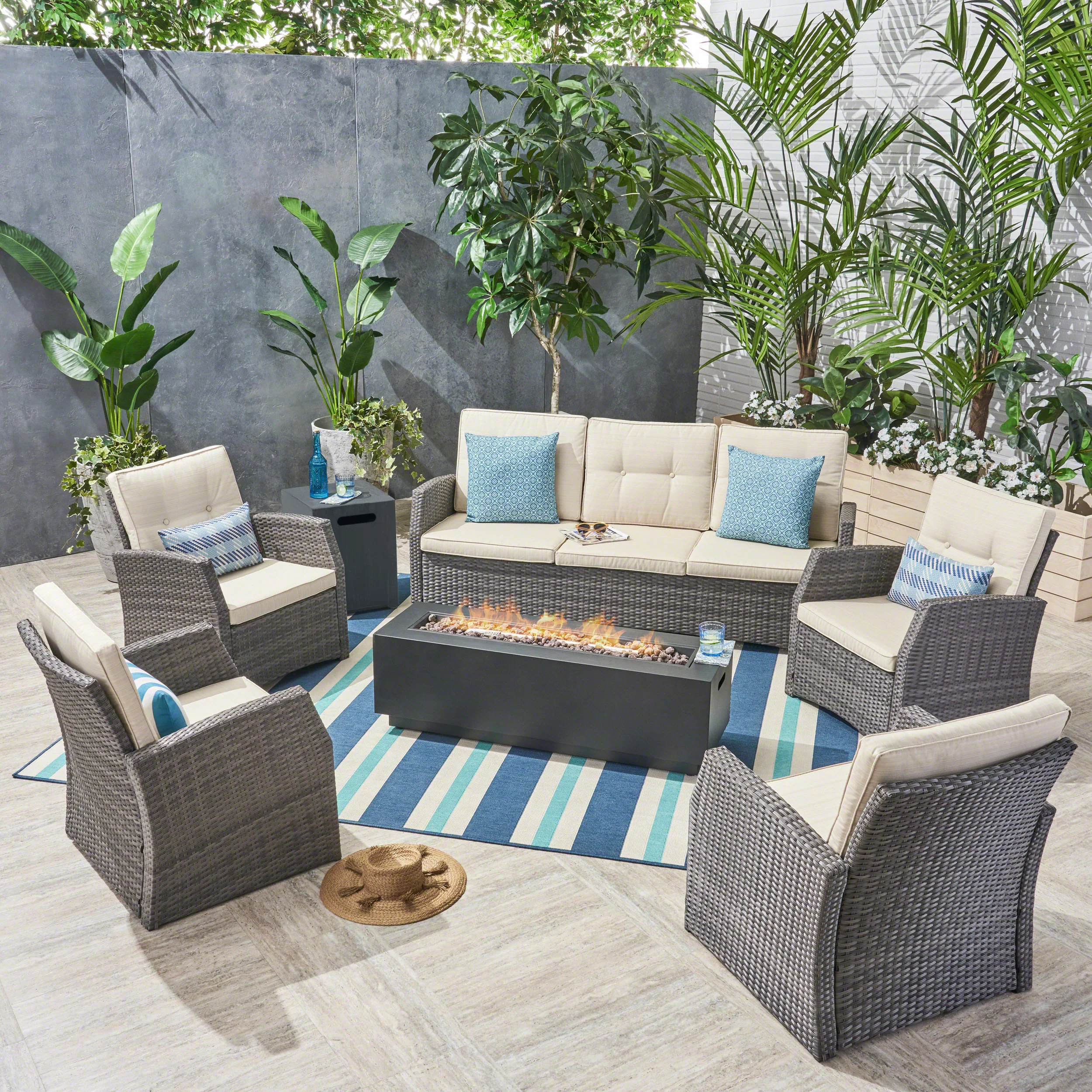 Jake Outdoor 7 Seater Wicker Chat Set with an Iron Fire Pit, Gray and Dark Gray - furnishings