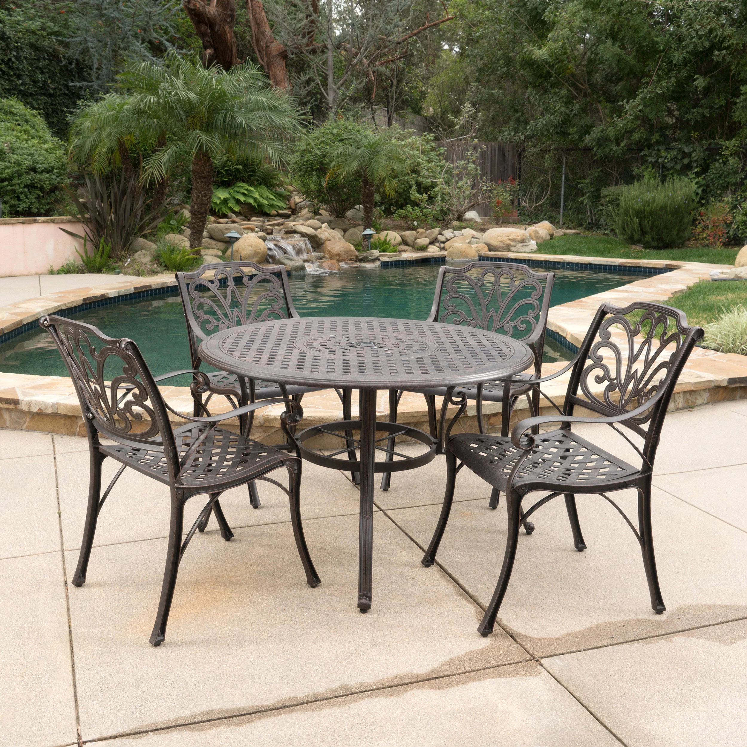 Calandra Outdoor 5 Piece Bronze Cast Aluminum Circular Dining Set - furnishings