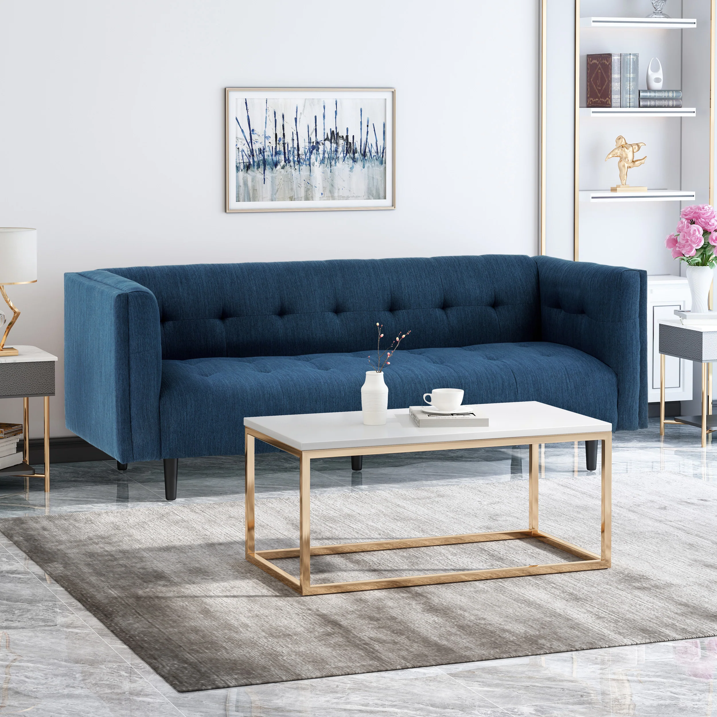 Kennedii Mid-Century Modern Fabric Upholstered Tufted 3 Seater Sofa - furnishings