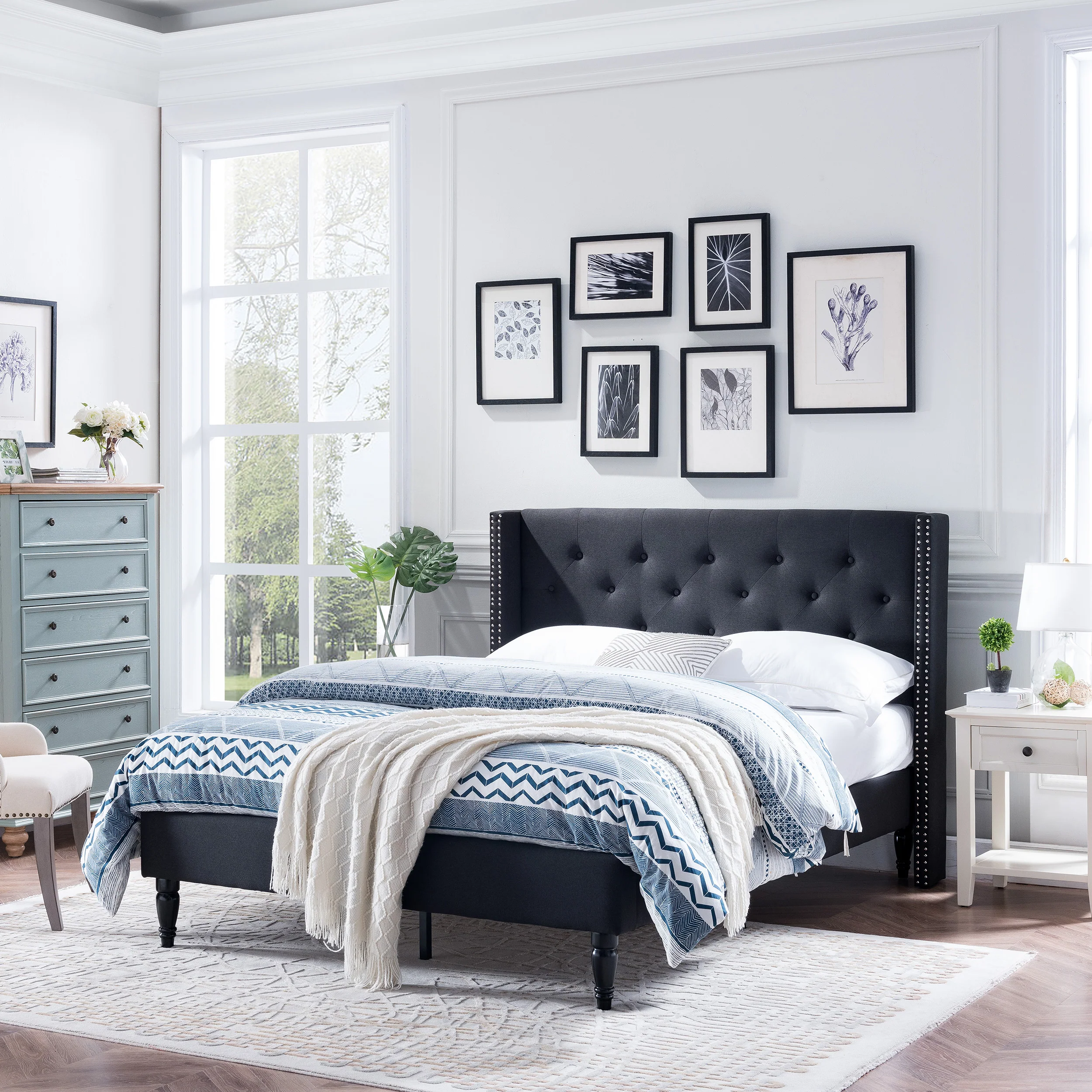 Ray Contemporary Rhinestone-Tufted Wingback Bed Frame with Nailhead Trim - furnishings