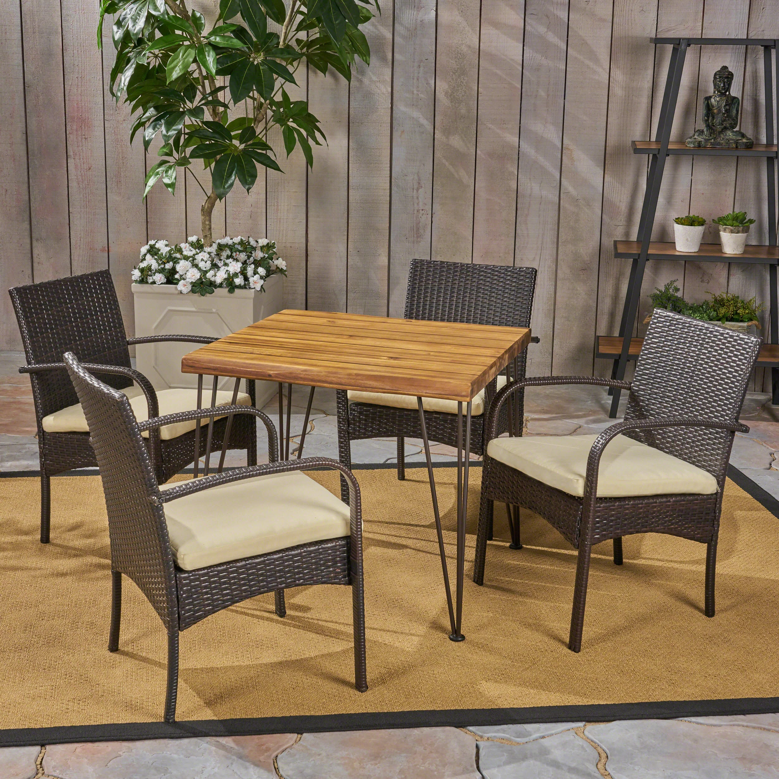 Brady Outdoor Industrial Wood and Wicker 5 Piece Square Dining Set, Teak and Multi Brown and Cr¨¨me - furnishings