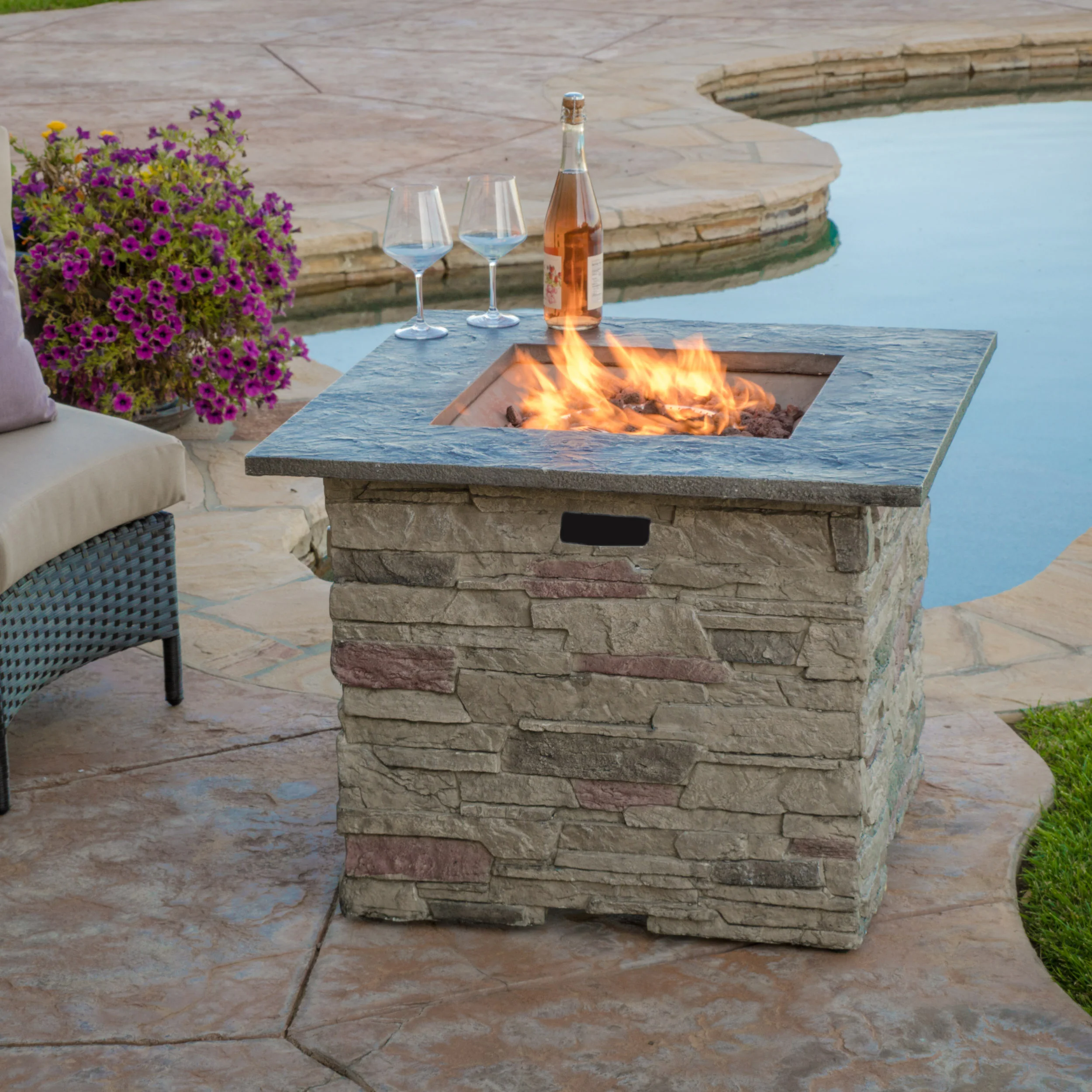 Heritage 32-inch Stone Square MGO Fire Pit - 40,000 BTU - furnishings