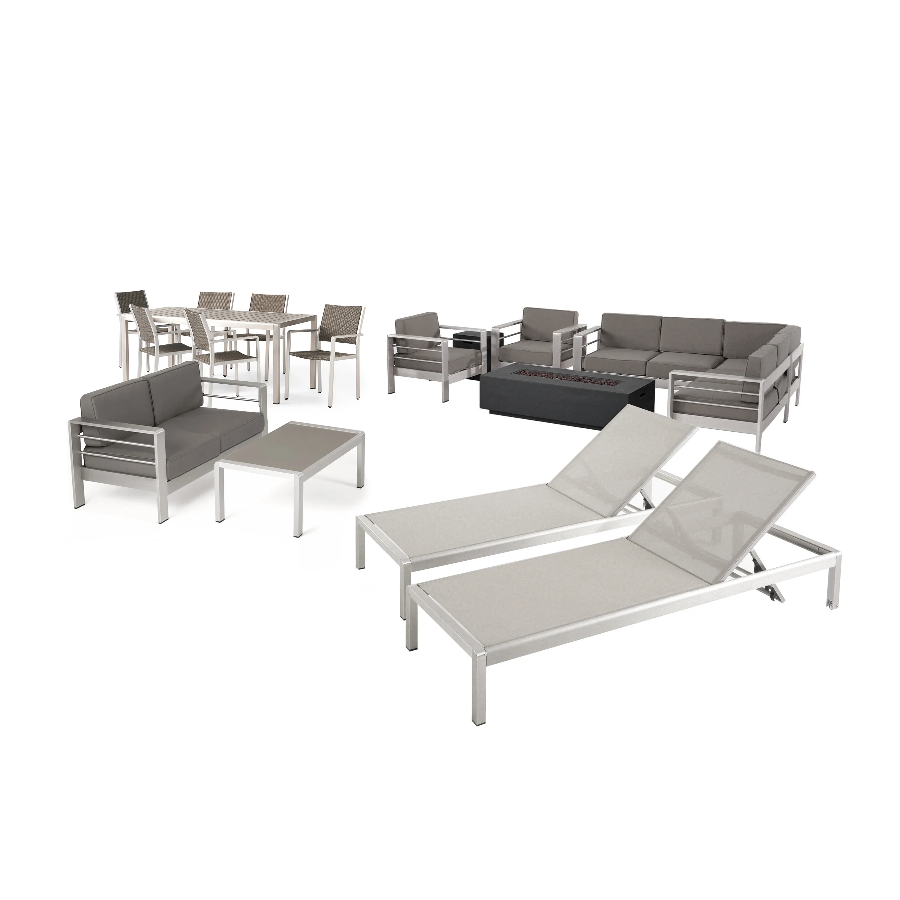 Crested Bay 7 Piece Dining Set + Sofa Set + 4pc Chat Set + Dark Gray Fire Pit + 2 Chaise Lounges - furnishings