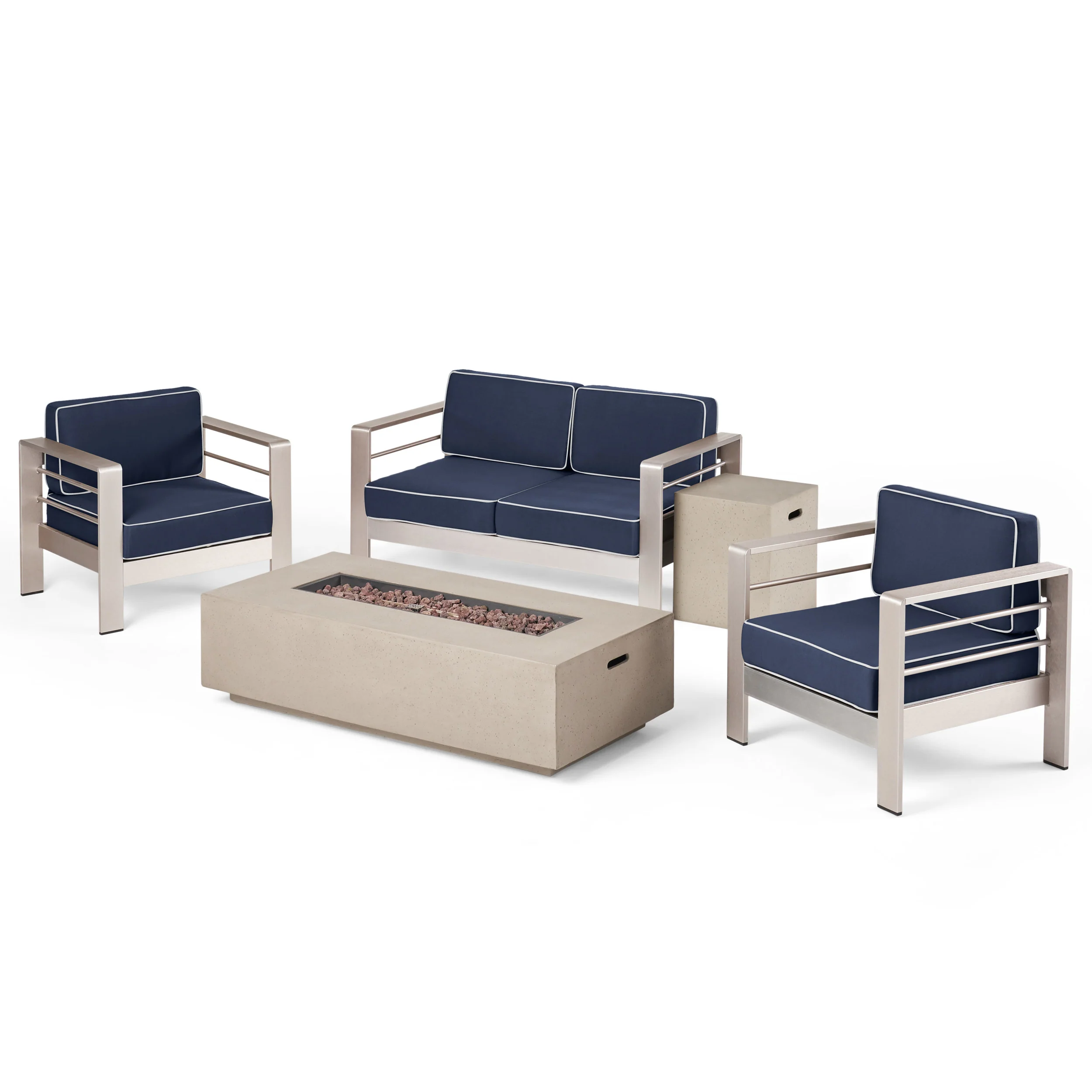 Crested Bay 5pc Modern Outdoor Aluminum Sofa & Chairs Set With Fire Pit - furnishings