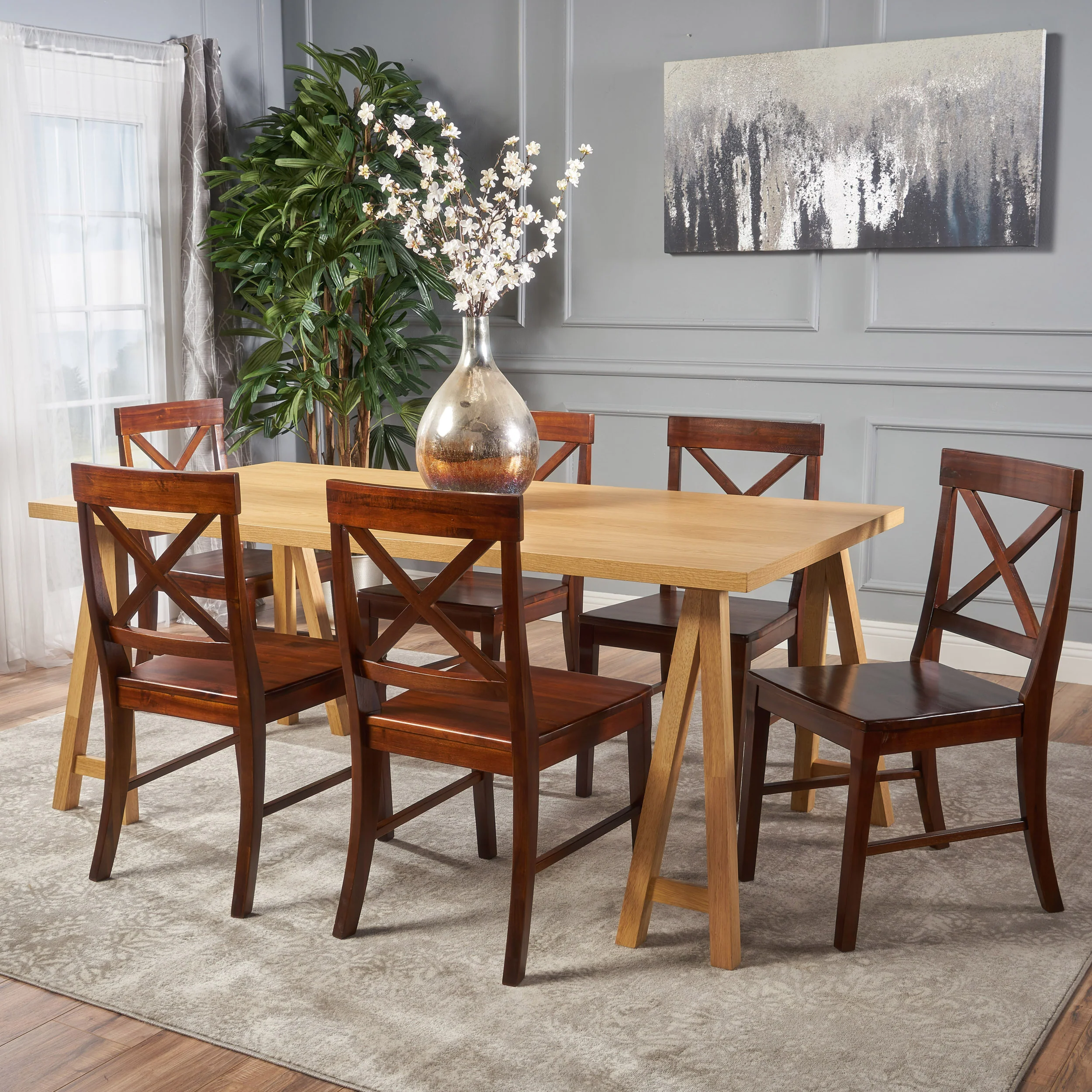 Sambora Farmhouse 7 Piece Dining Set w/ Rich Mahogany Chairs - furnishings