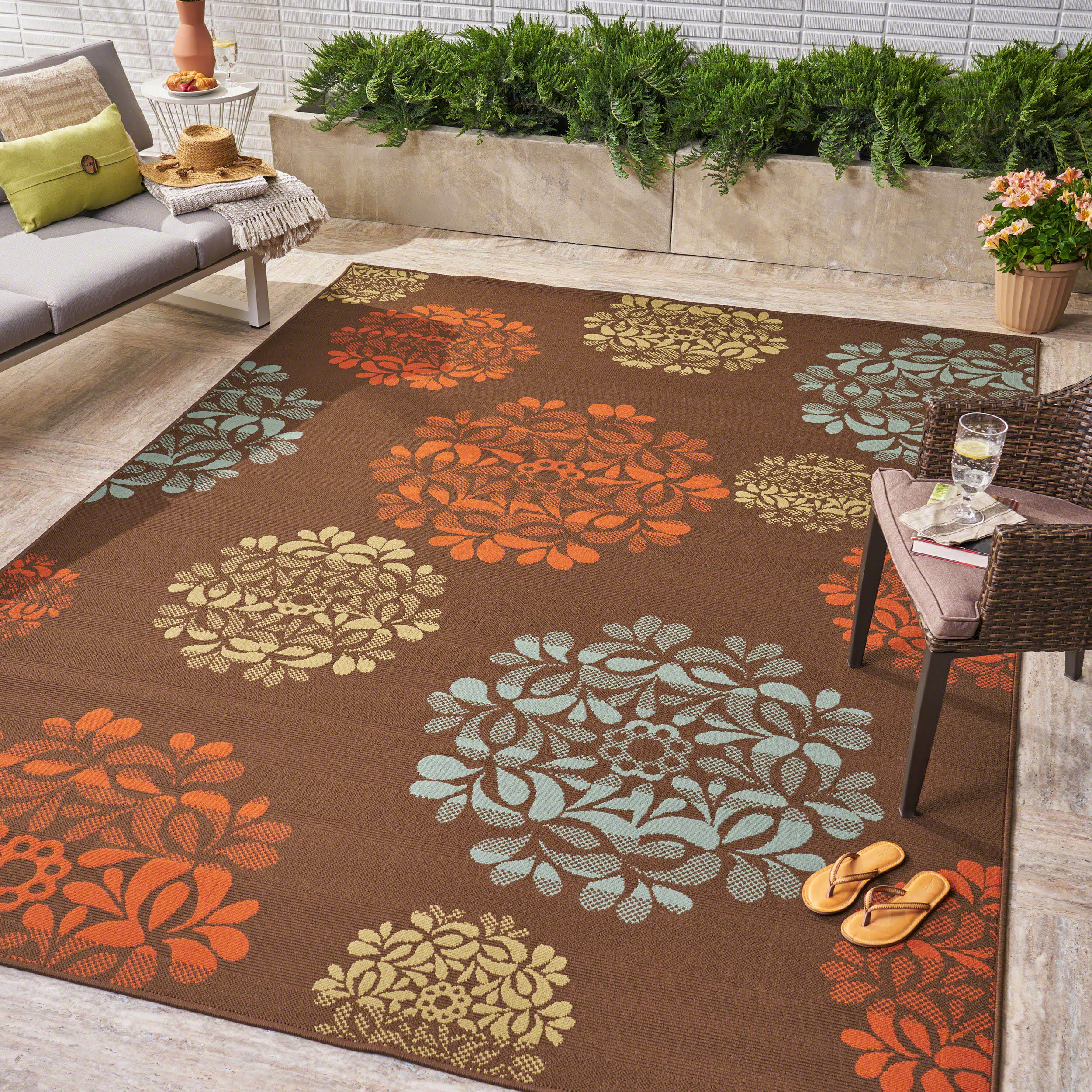 Sallie Outdoor Modern Brown Area Rug with Multi-Color Floral Print - furnishings