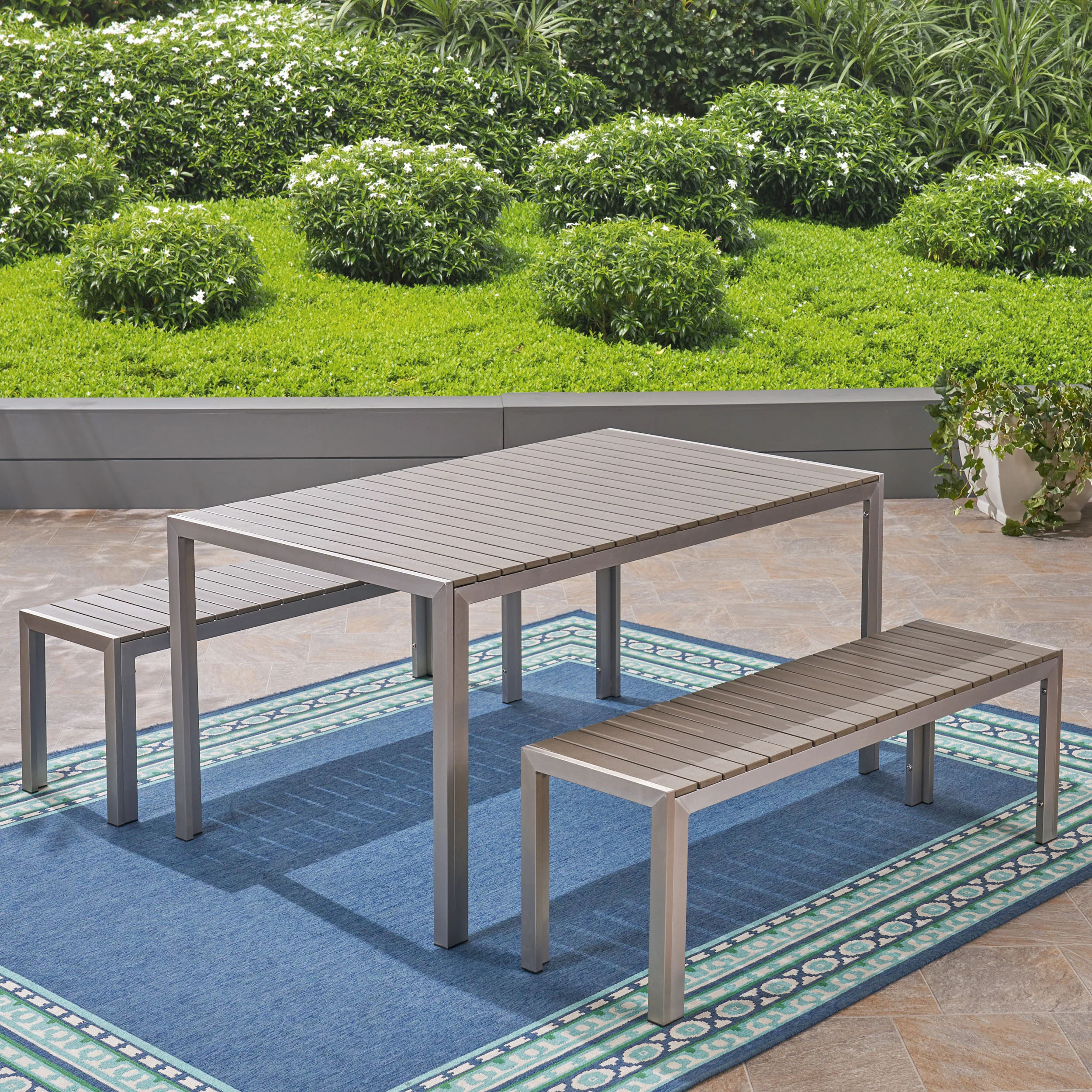 Butler Outdoor Aluminum Picnic Set with Faux Wood Top, Silver and Natural - furnishings