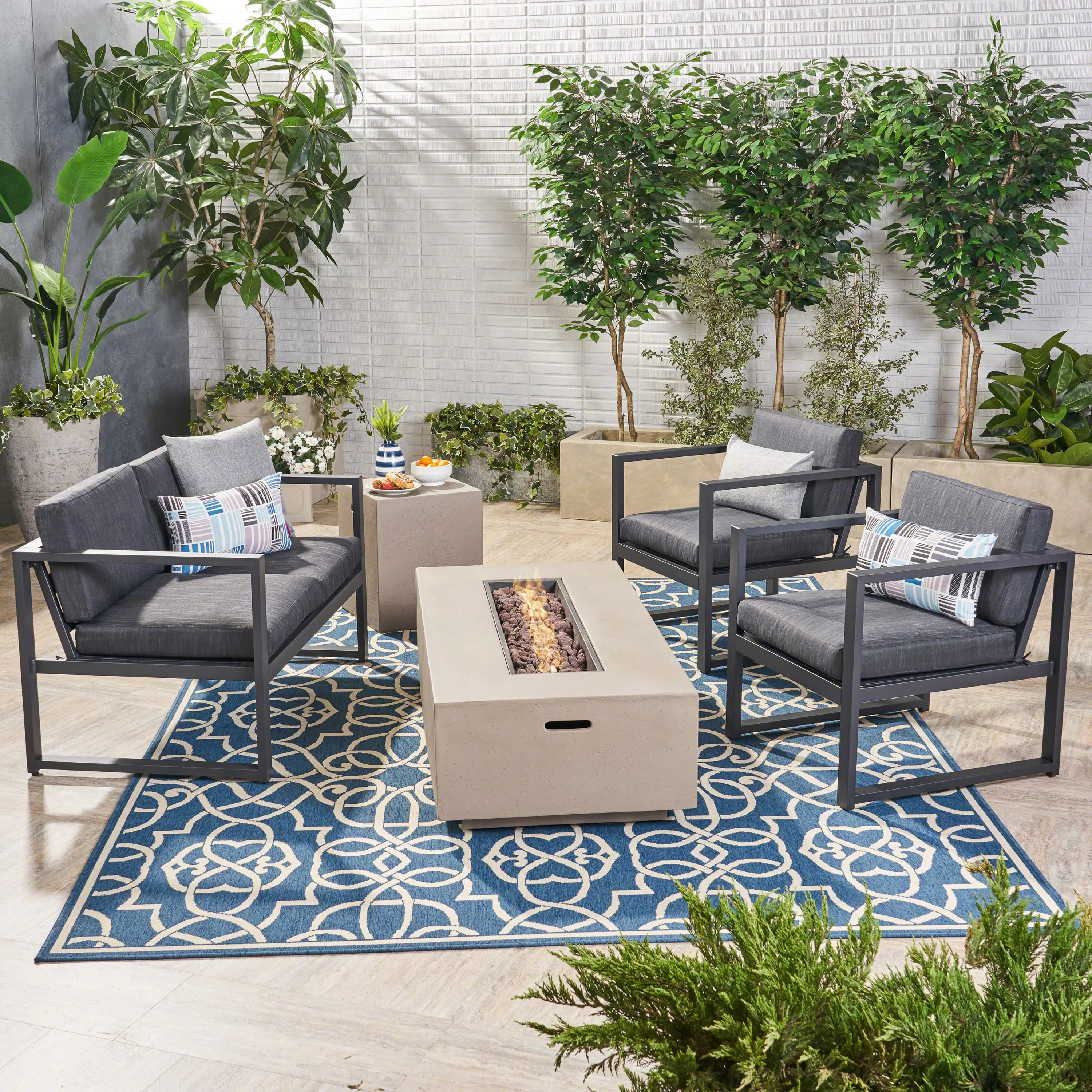 Jude Outdoor Aluminum 4 Seater Chat Set with Fire Pit - furnishings