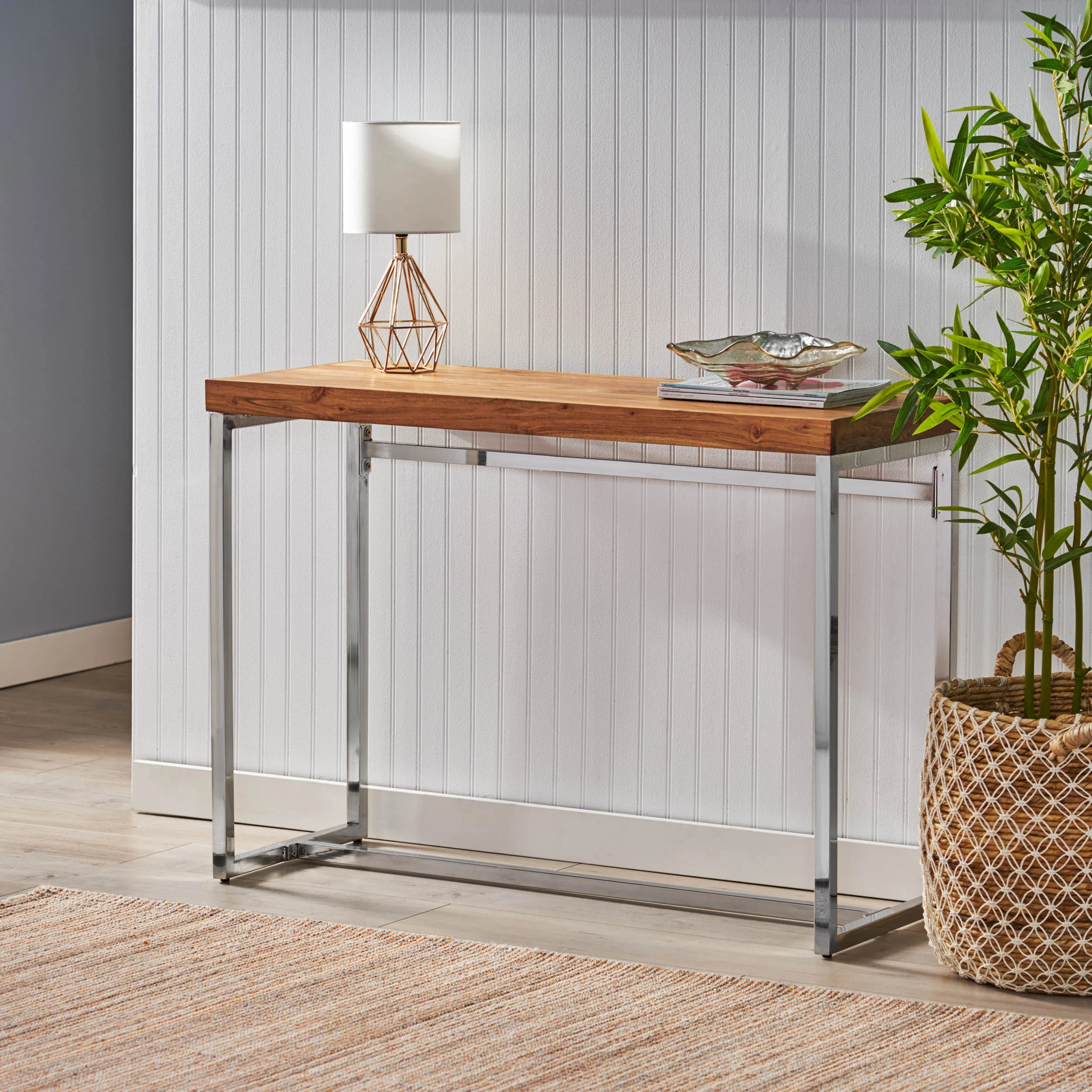 Alledonia Rustic Glam Handmade Acacia Wood Console Desk, Natural and Silver - furnishings