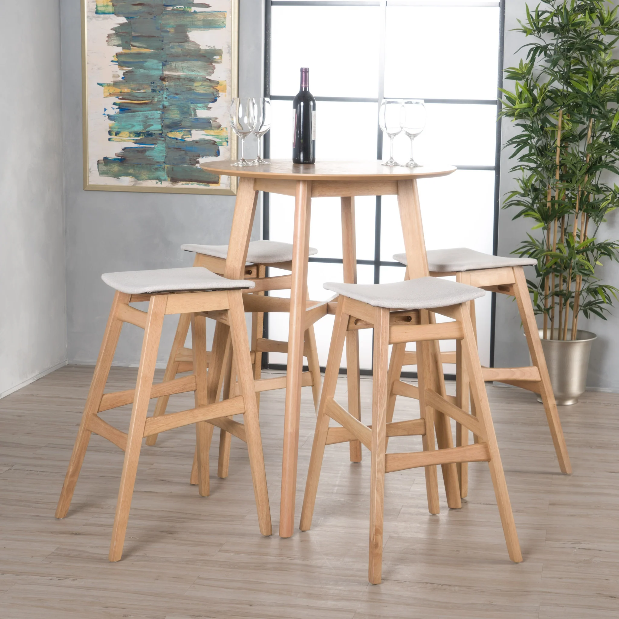 Simi Natural Oak Finish Circular 5 Piece Bar Height Dining Set - furnishings