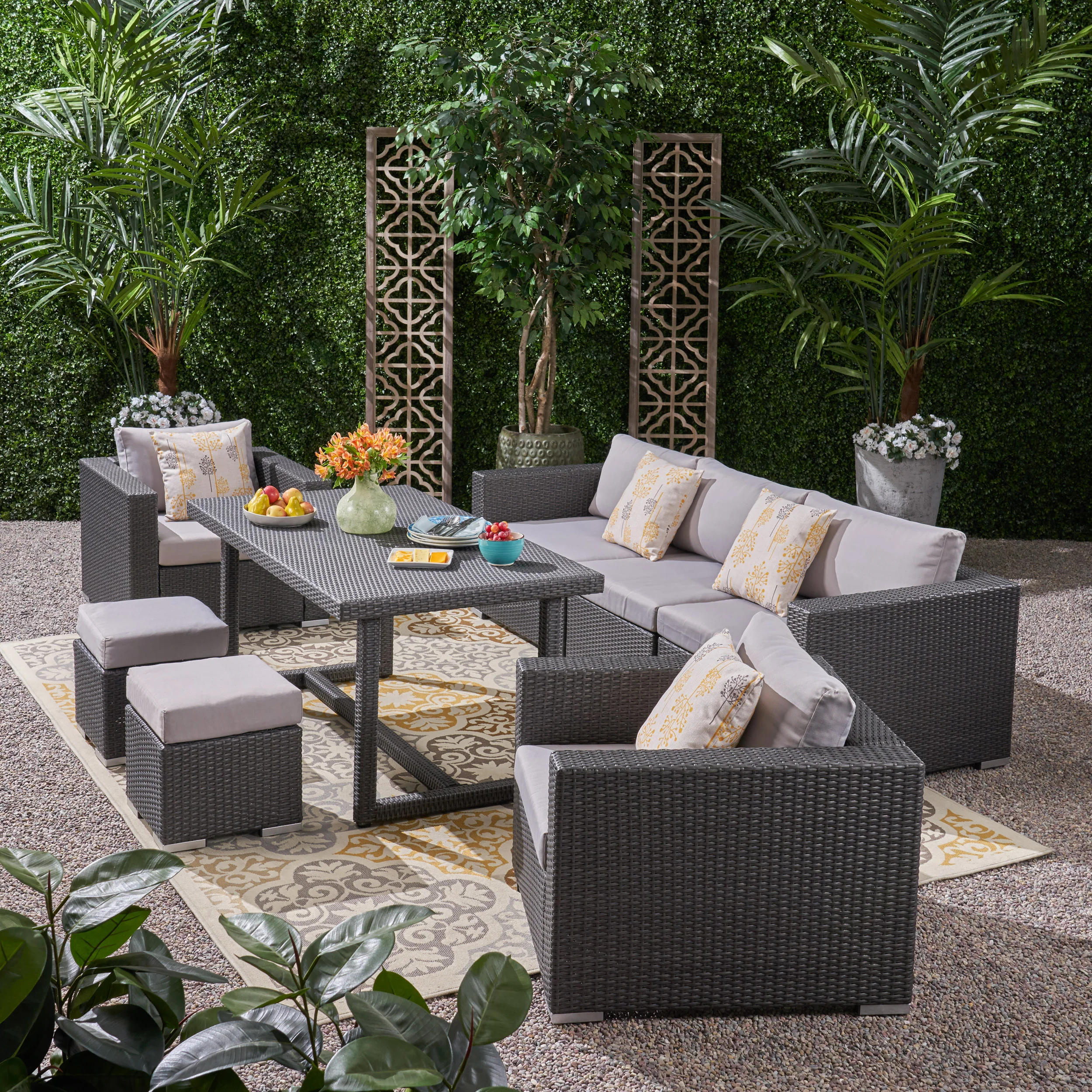 Valentina Outdoor 7 Seater Wicker and Aluminum Sofa Dining Set - furnishings