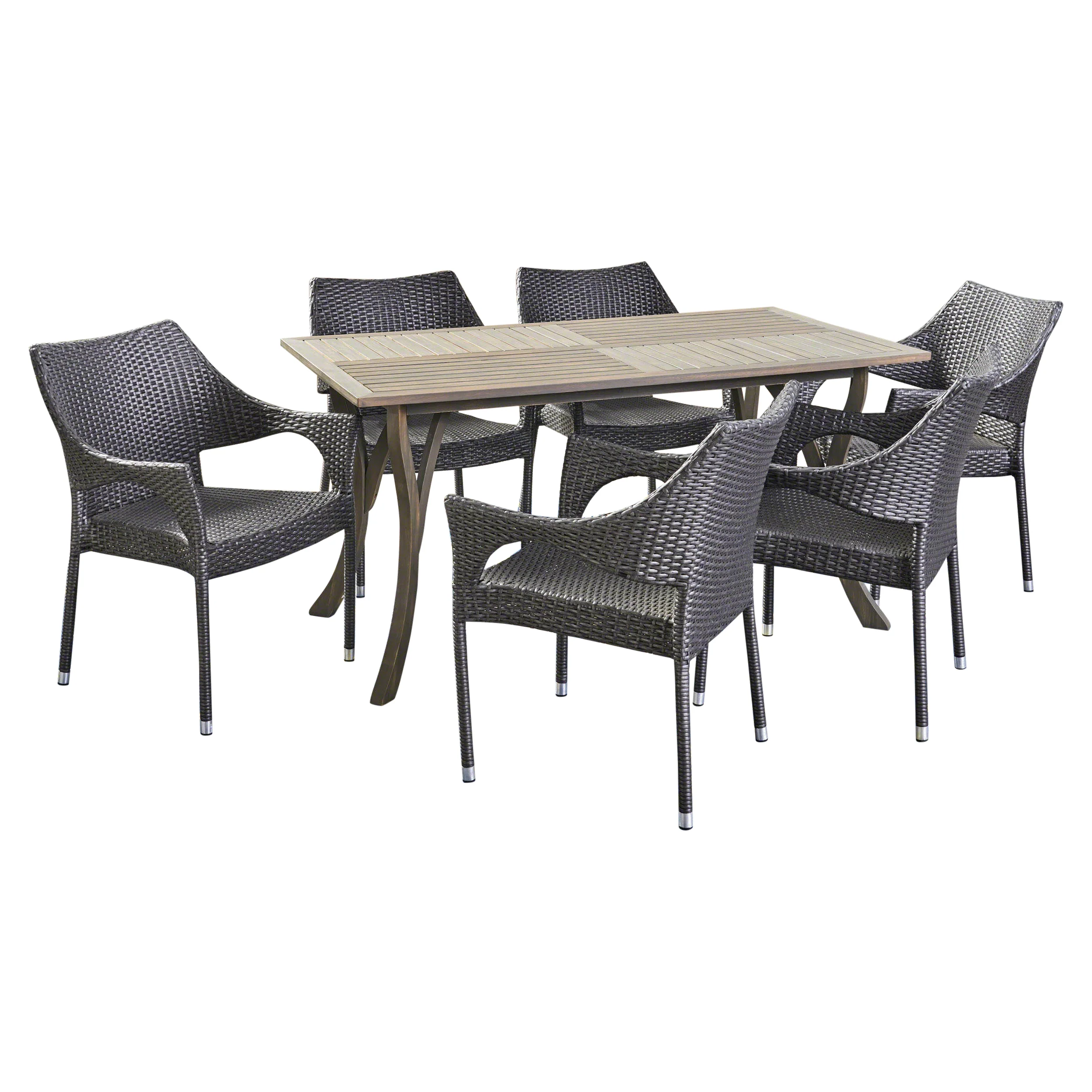 Tyesha Outdoor 7 Piece Wood and Wicker Dining Set, Gray and Gray - furnishings