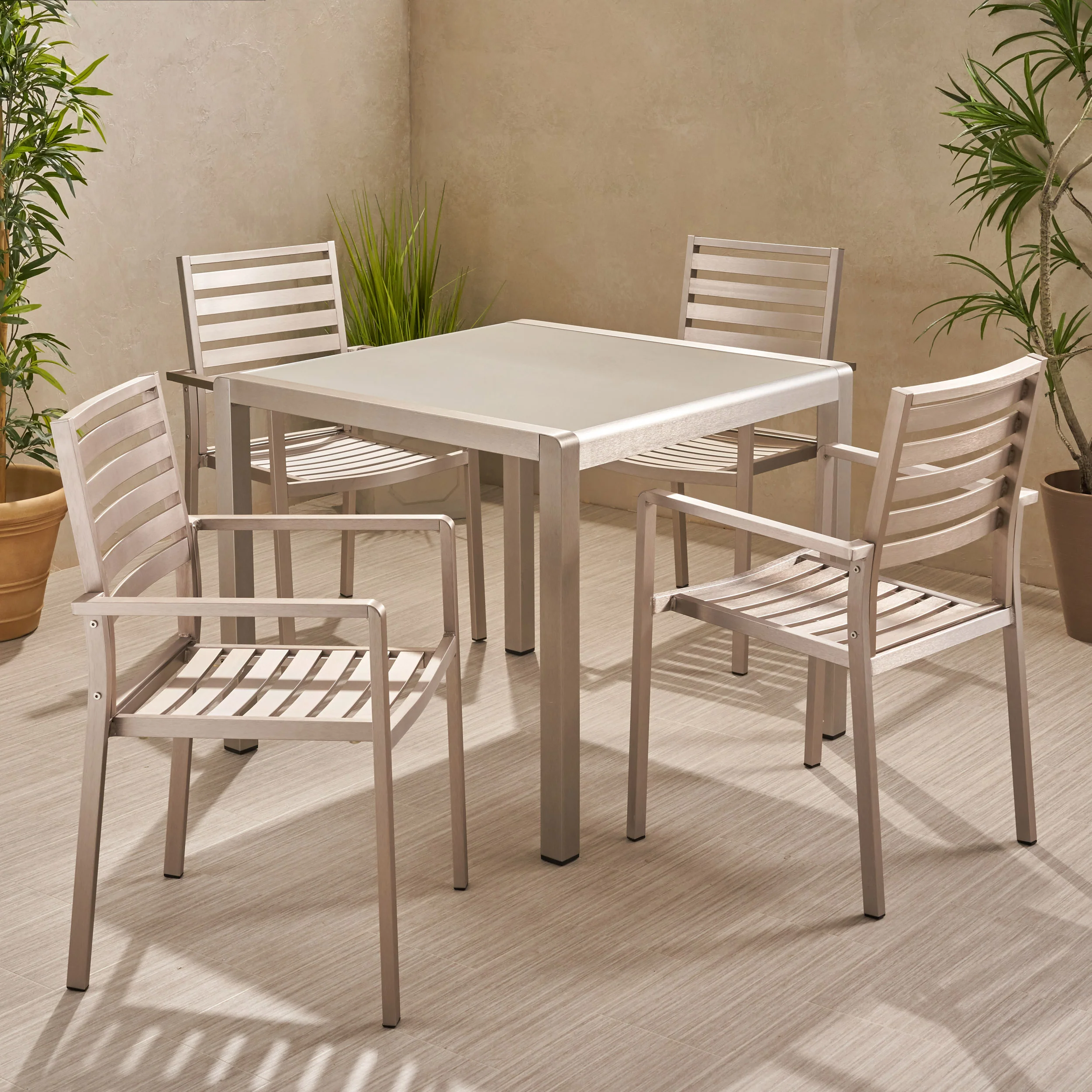 Cherie Outdoor Modern 4 Seater Aluminum Dining Set with Tempered Glass Table Top - furnishings