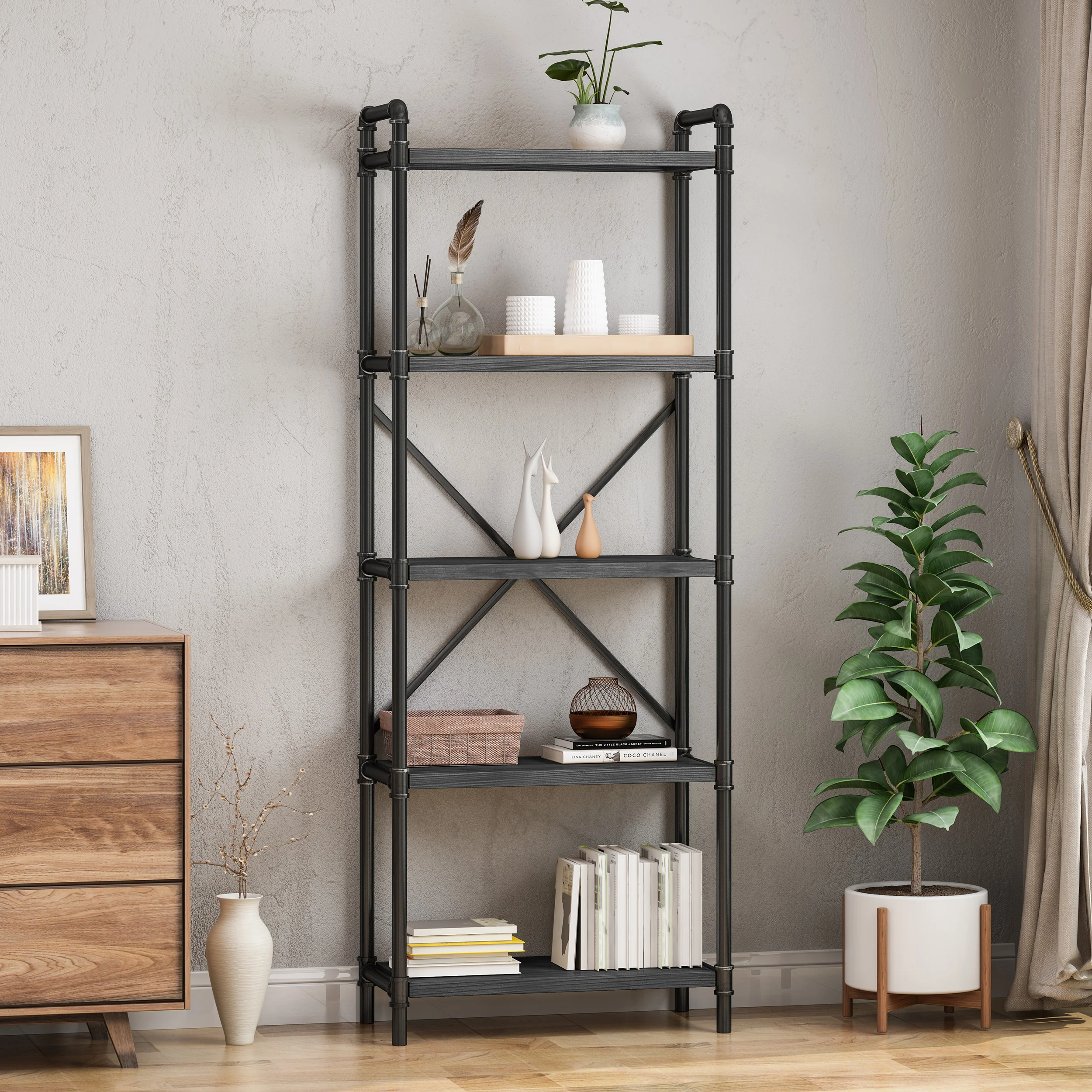 Lina Industrial Pipe Design 5-Shelf Etagere Bookcase - furnishings